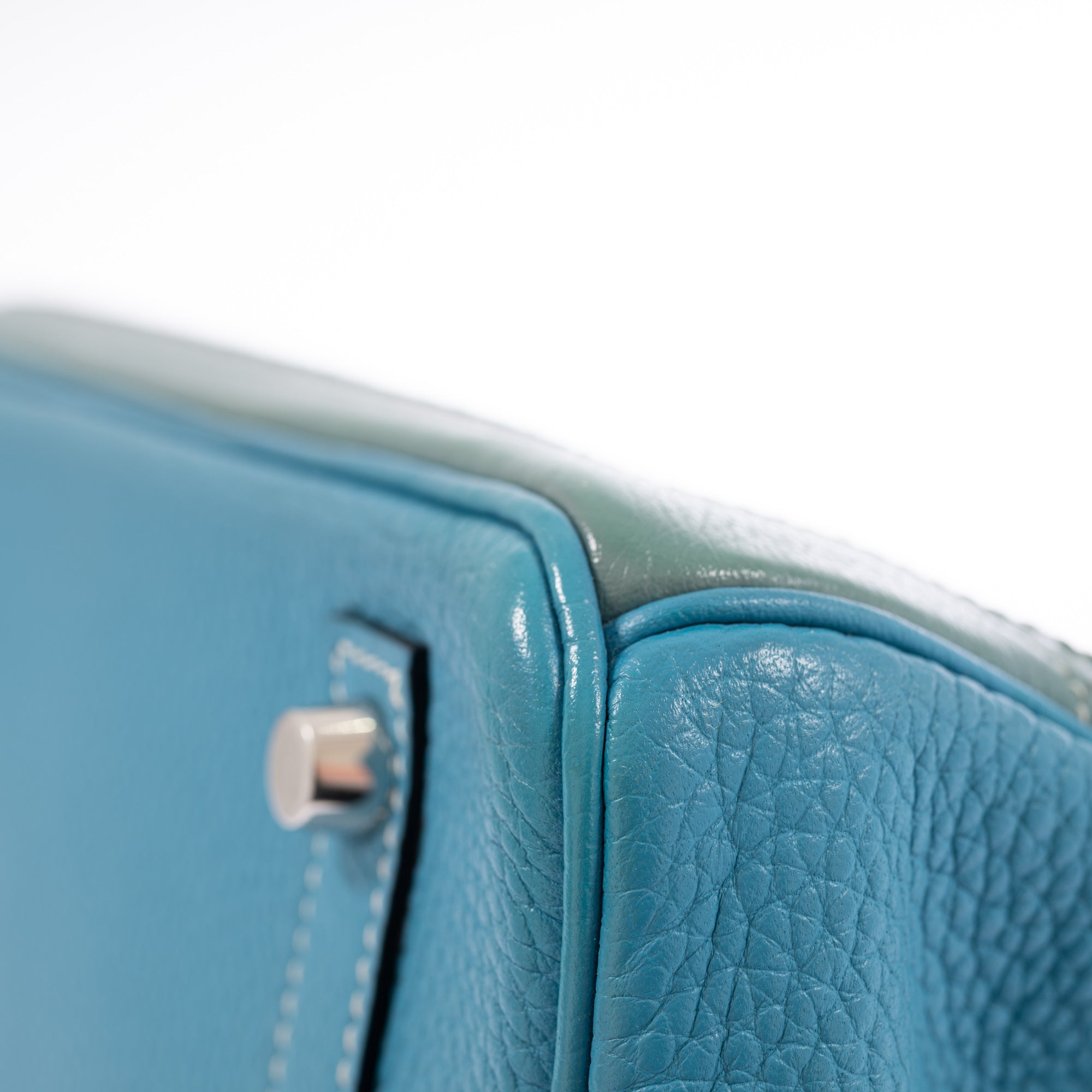 Hermès Birkin 30 Grizzly Ghillies Gris Perle Doblis, Ciel Evercolor & Turquoise Clémence Palladium Hardware