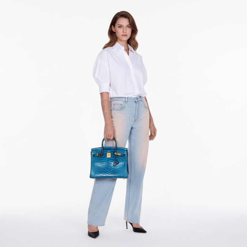 Hermès Birkin 30 HSS Blue Izmir and Blue Colvert Porosus Crocodile Brushed Gold Hardware