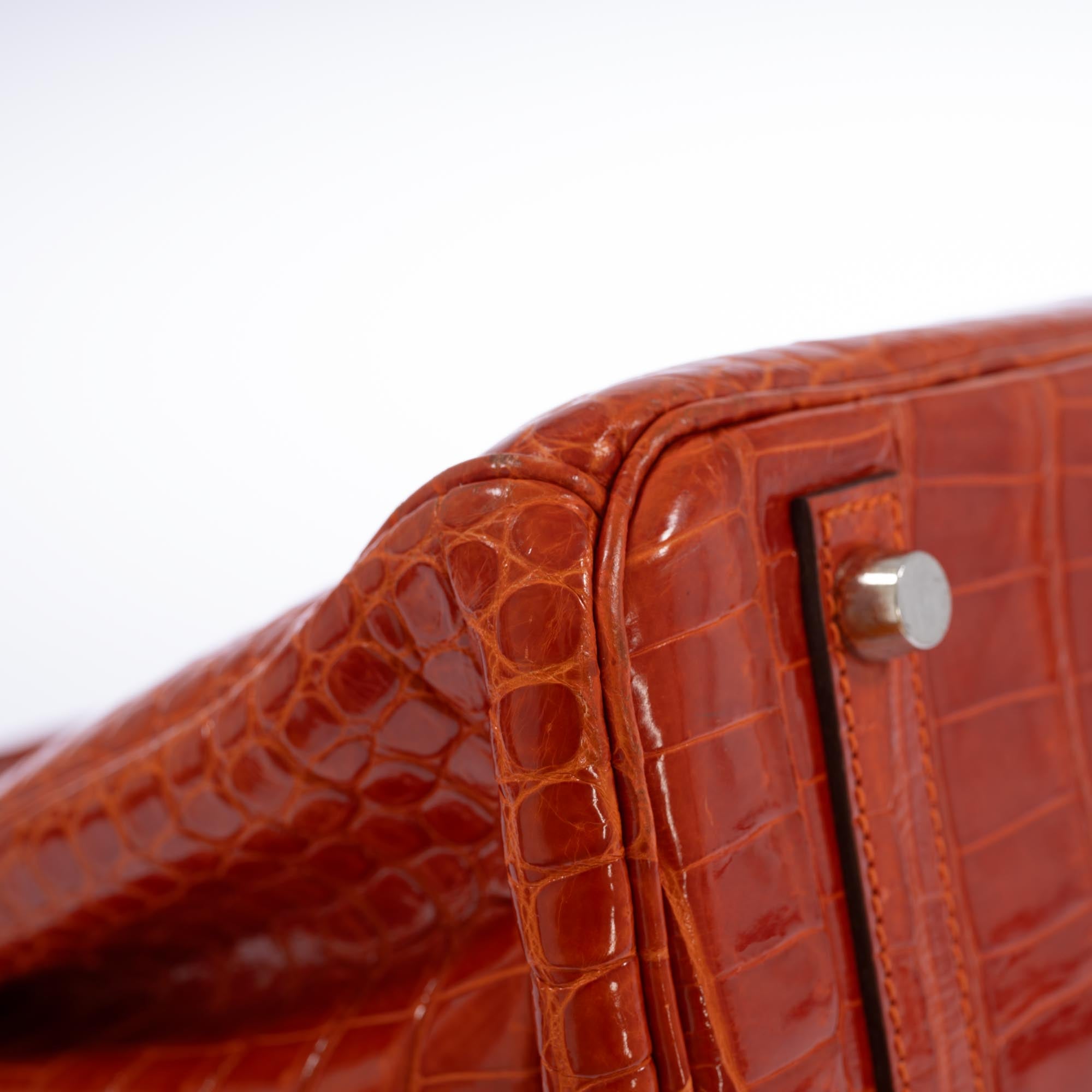 Hermès Birkin 30 Orange Shiny Porosus Crocodile with Palladium Hardware