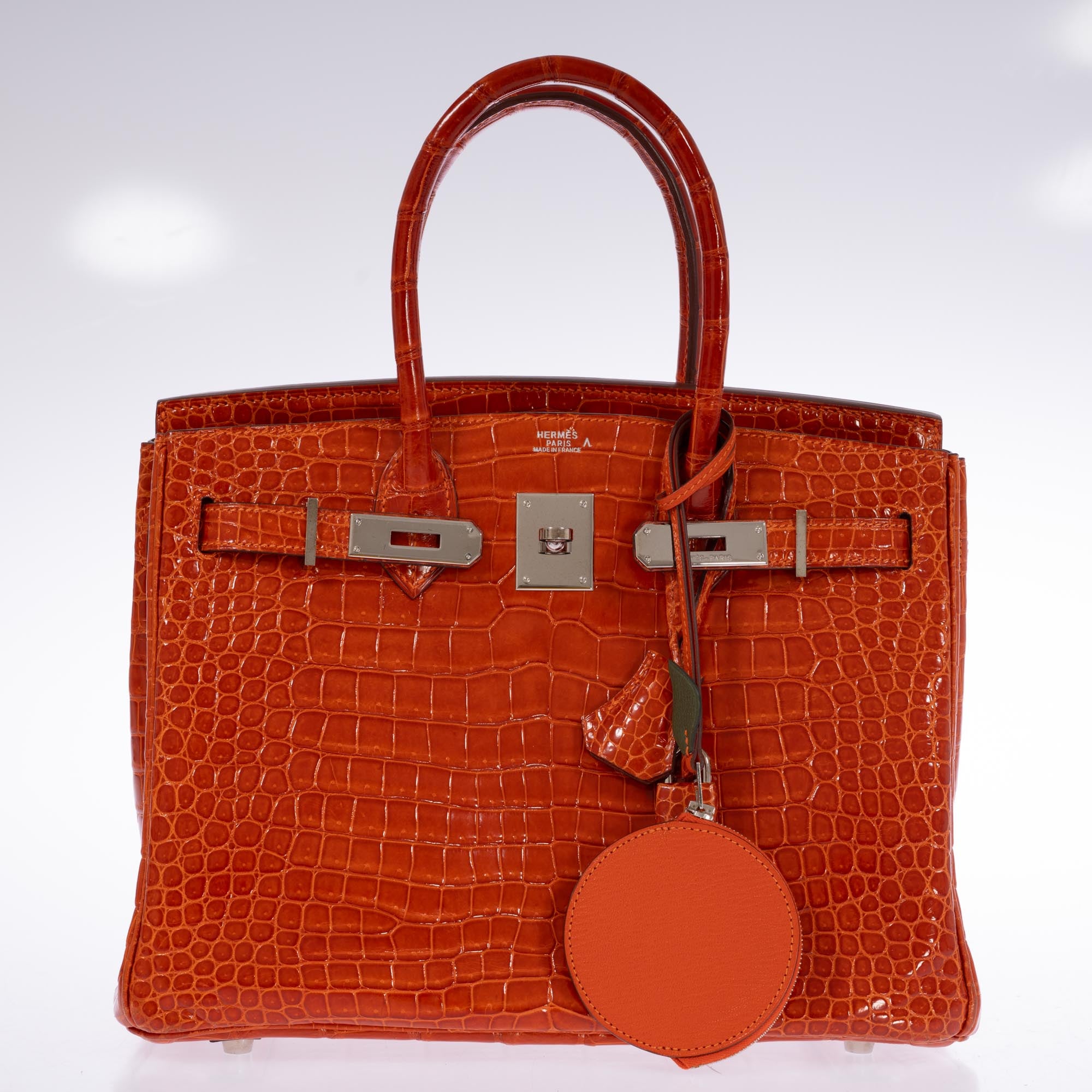 Hermès Birkin 30 Orange Shiny Porosus Crocodile with Palladium Hardware