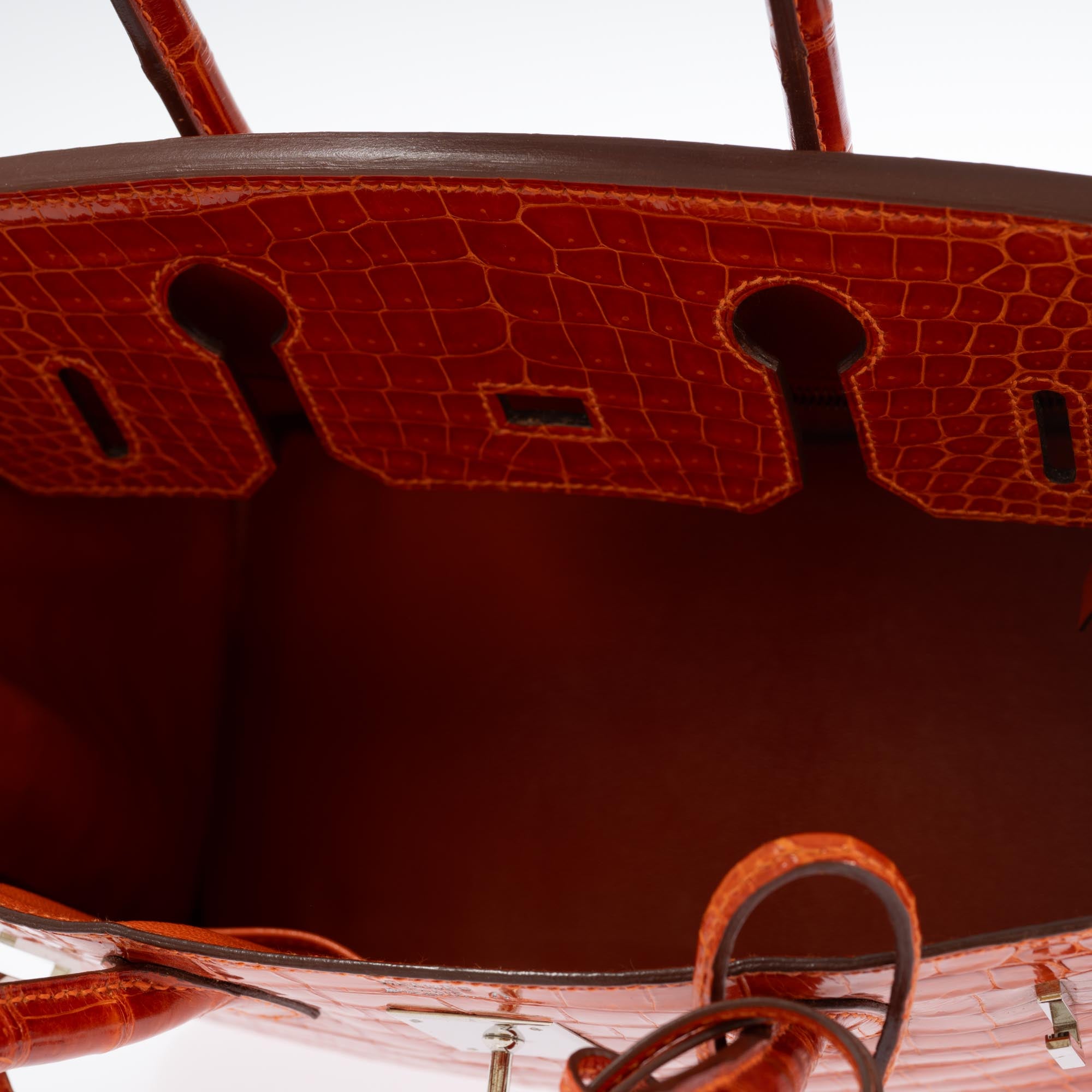 Hermès Birkin 30 Orange Shiny Porosus Crocodile with Palladium Hardware