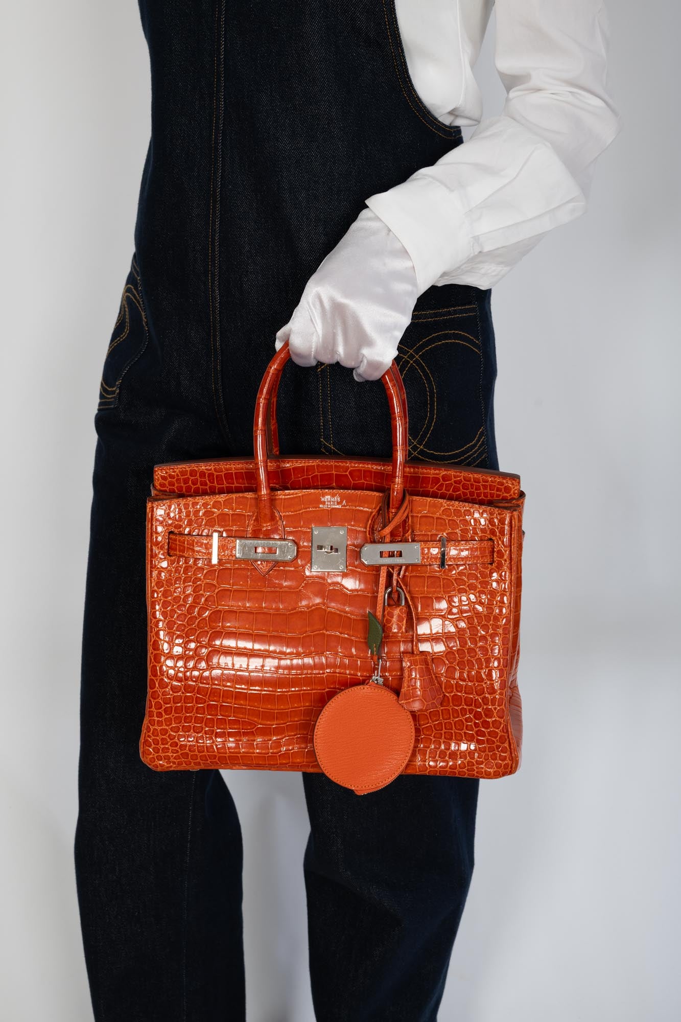Hermès Birkin 30 Orange Shiny Porosus Crocodile with Palladium Hardware