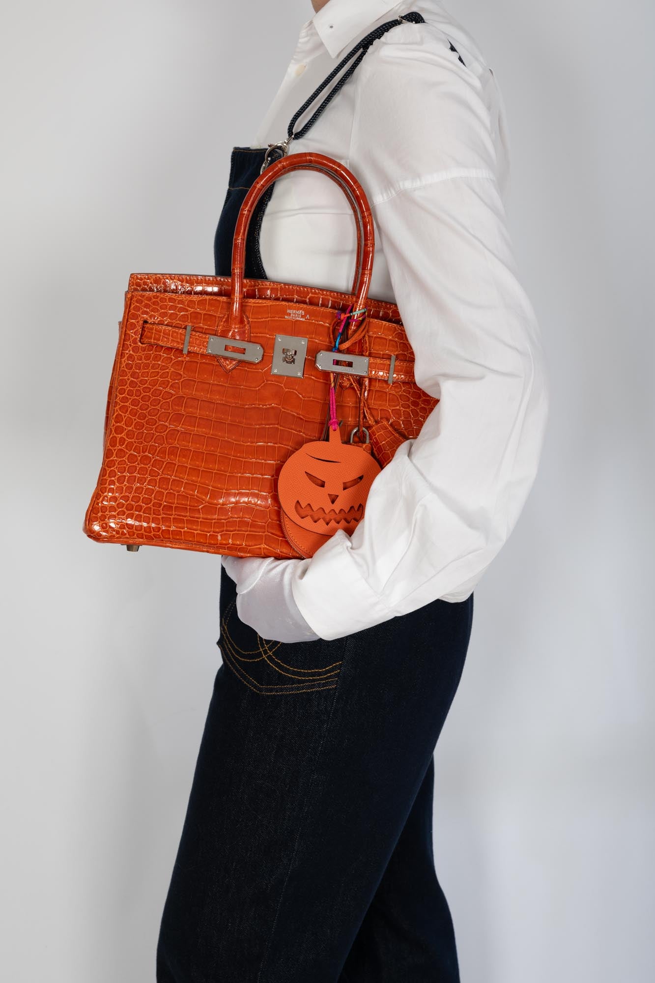 Hermès Birkin 30 Orange Shiny Porosus Crocodile with Palladium Hardware
