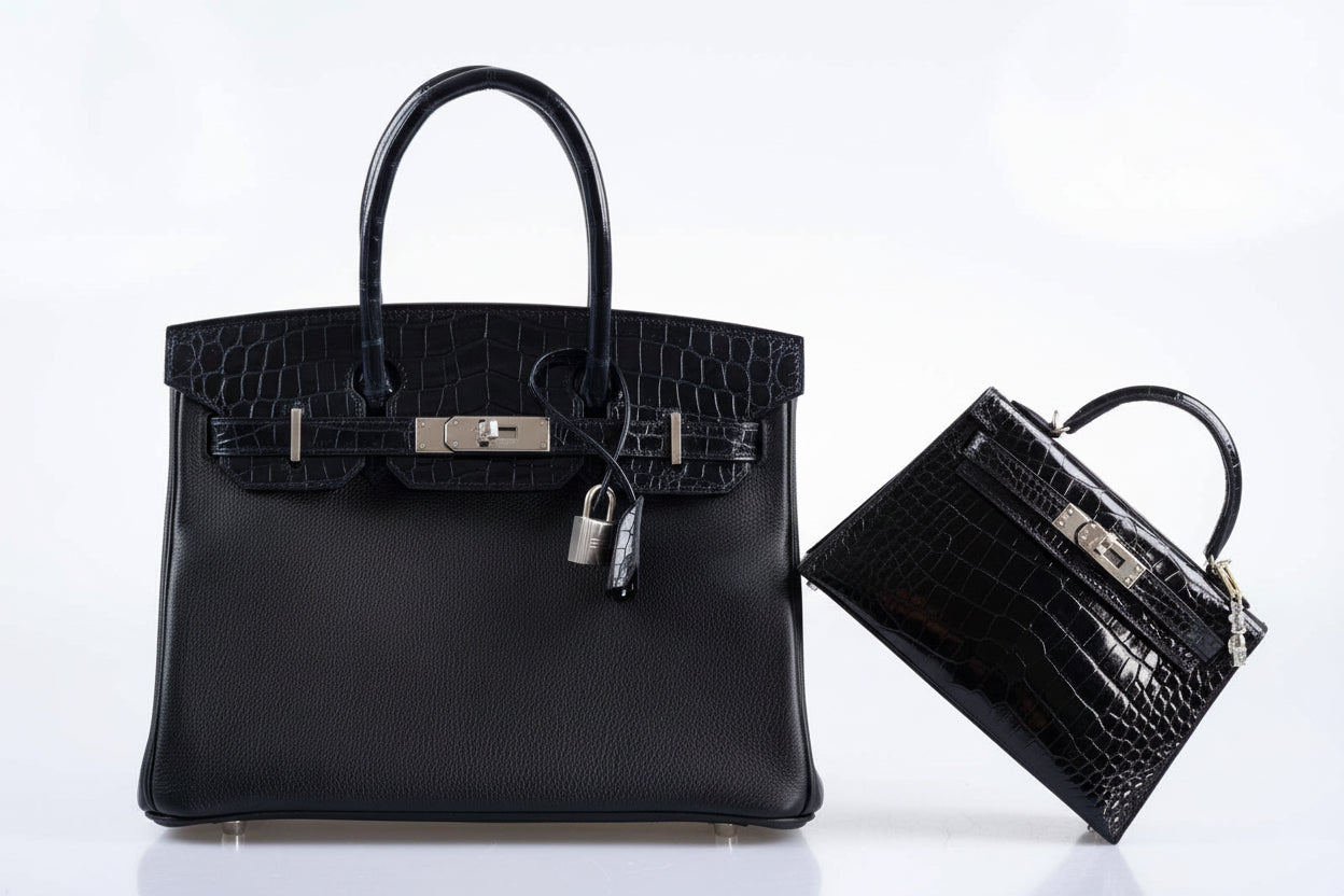 Hermès Touch Birkin 30 Shiny Bleu Marine Nilo Crocodile and Black Novillo Palladium Hardware