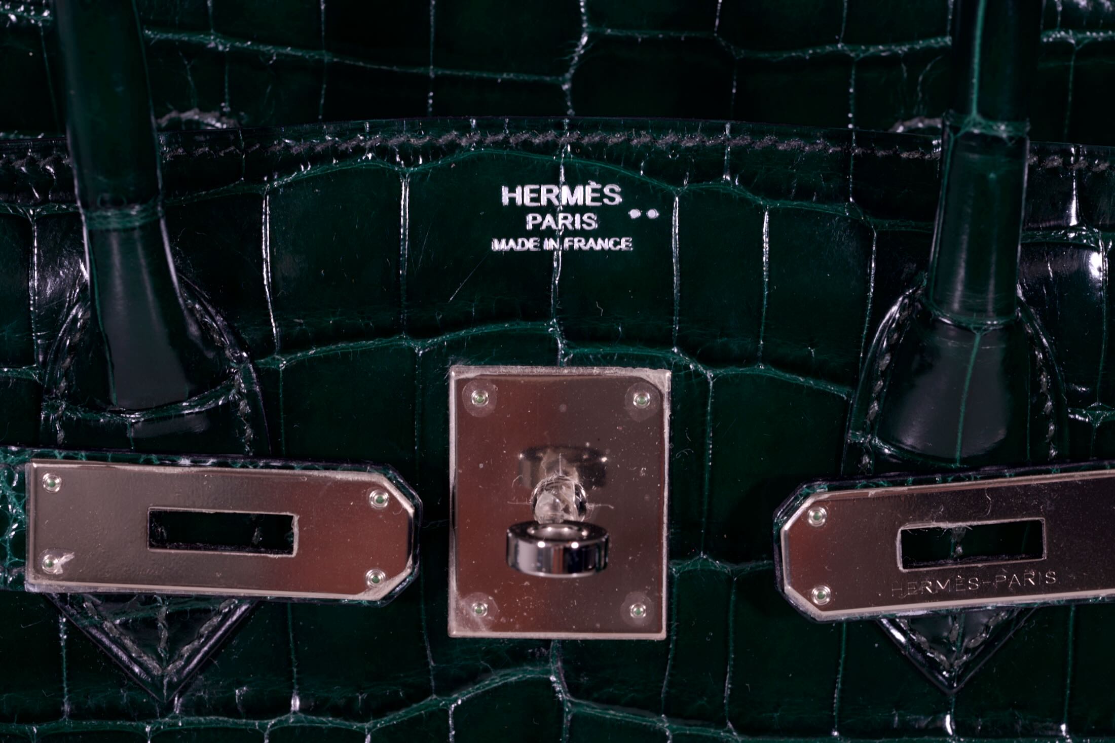 Hermès Birkin 30 Vert Foncé Shiny Niloticus Crocodile Palladium Hardware