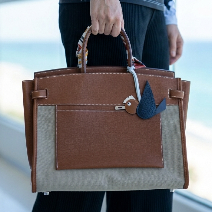 Hermès Birkin 35 À L'Envers Ficelle/Ecru Toile H & Fauve Barenia Faubourg Palladium Hardware