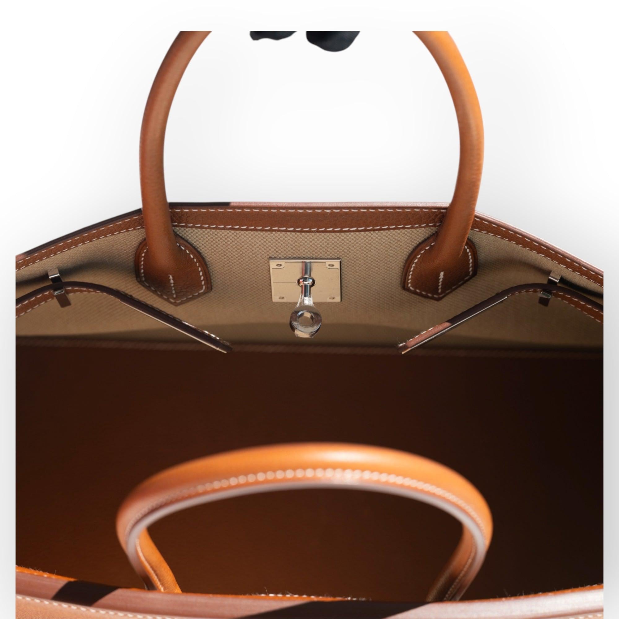 Hermès Birkin 35 À L'Envers Ficelle/Ecru Toile H & Fauve Barenia Faubourg Palladium Hardware