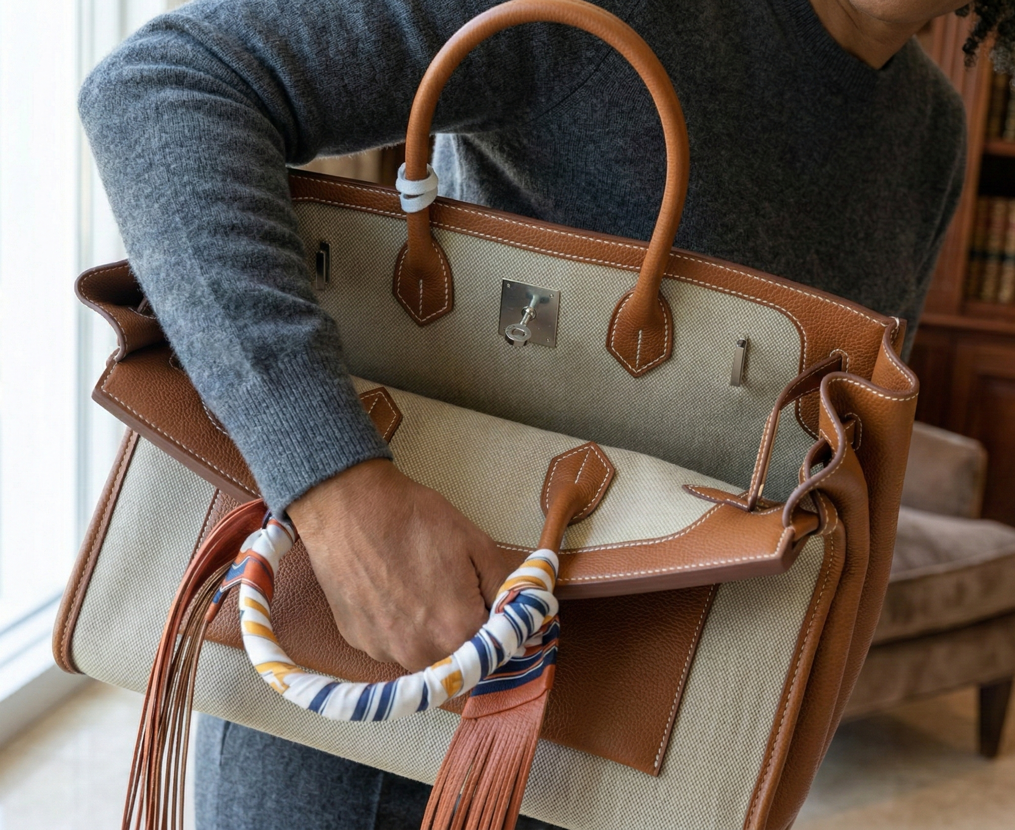 Hermès Birkin 35 À L'Envers Ficelle/Ecru Toile H & Fauve Barenia Faubourg Palladium Hardware