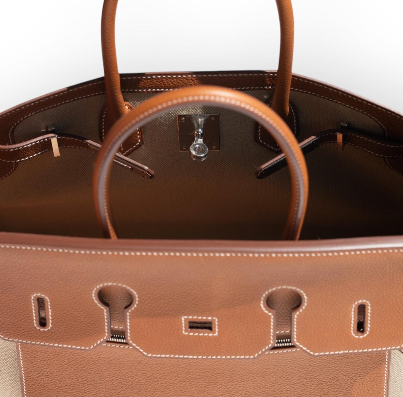 Hermès Birkin 35 À L'Envers Ficelle/Ecru Toile H & Fauve Barenia Faubourg Palladium Hardware