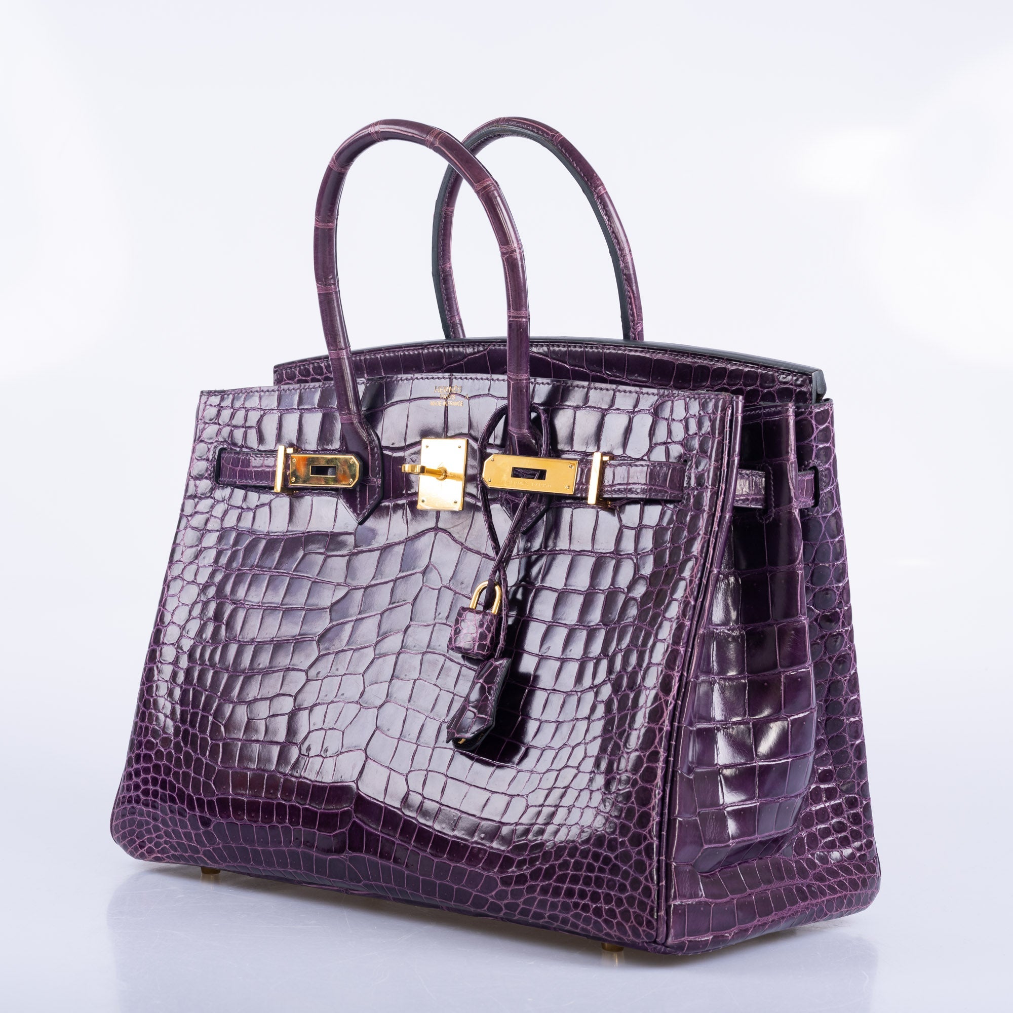 Hermès Birkin 35 Amethyst Porosus Crocodile with Gold Hardware