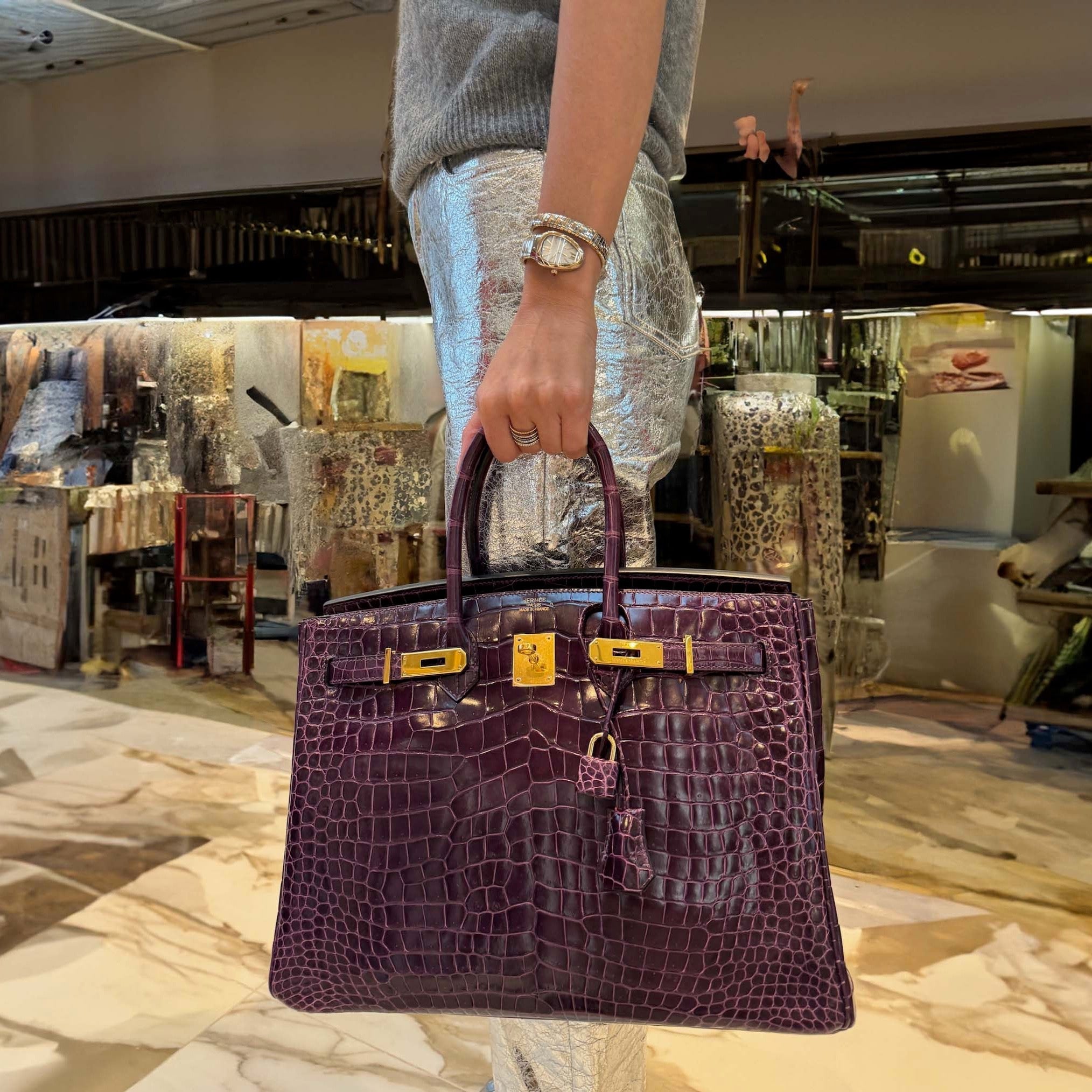 Hermès Birkin 35 Amethyst Porosus Crocodile with Gold Hardware