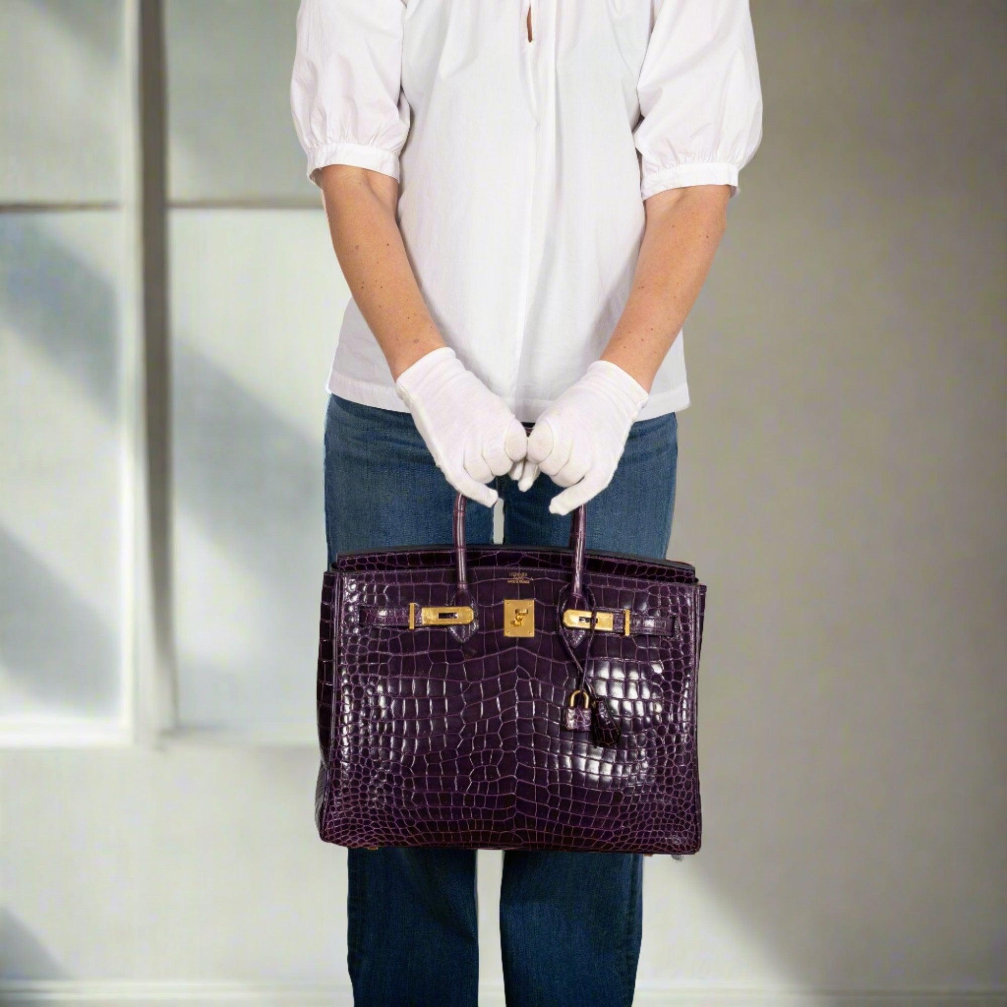 Hermès Birkin 35 Amethyst Porosus Crocodile with Gold Hardware