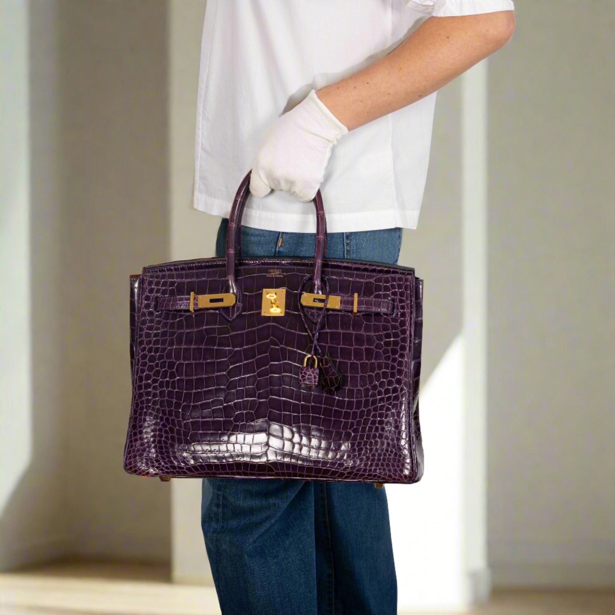 Hermès Birkin 35 Amethyst Porosus Crocodile with Gold Hardware