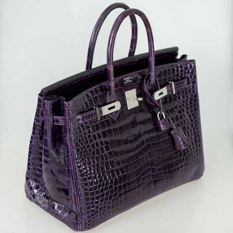 Hermès Birkin 35 Amethyst Porosus Crocodile with Palladium Hardware