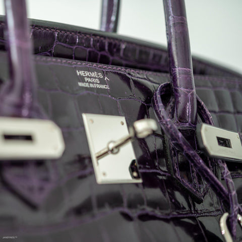 Hermès Birkin 35 Amethyst Porosus Crocodile with Palladium Hardware