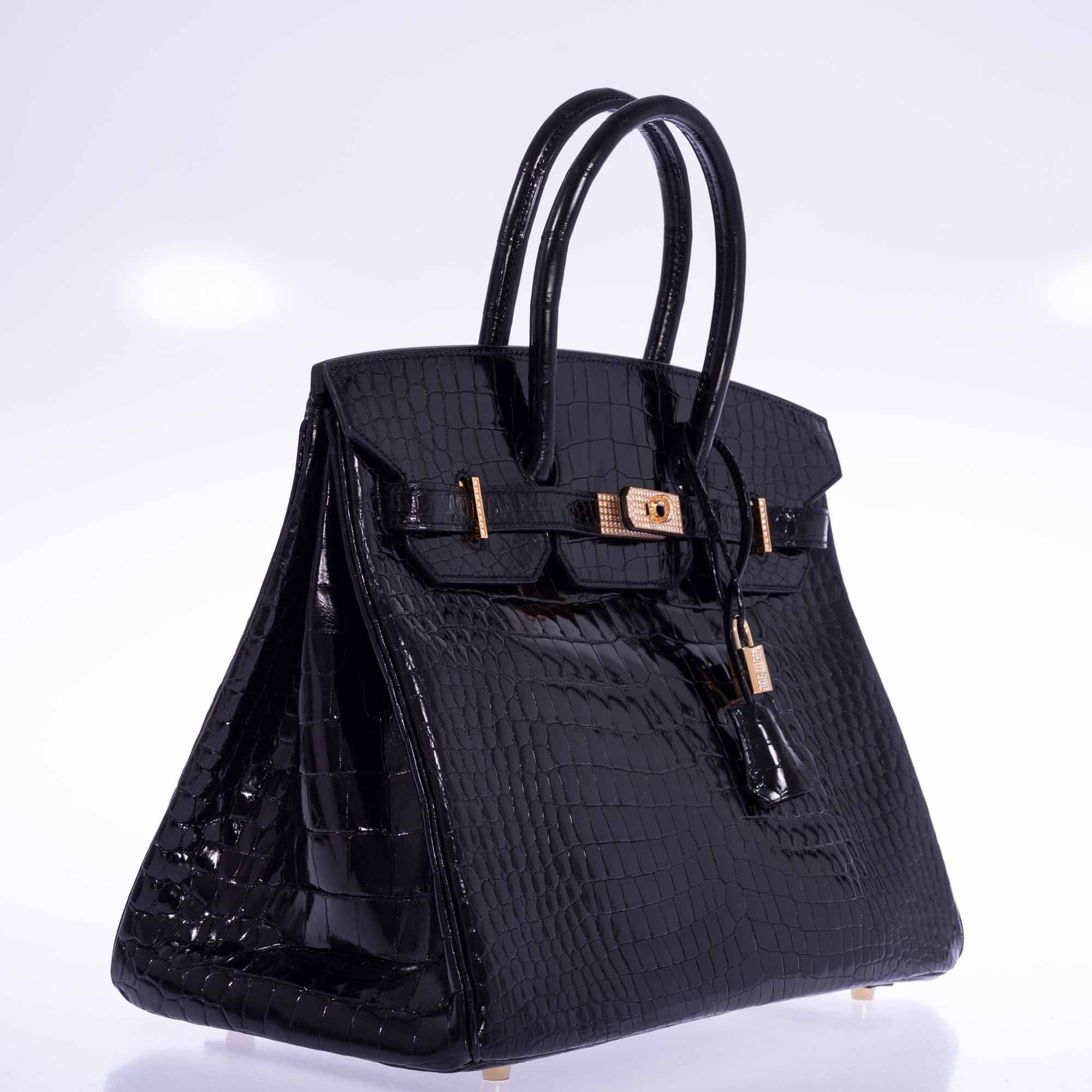 Hermès Birkin 35 Black Shiny Porosus Crocodile 18K Yellow Gold and Diamond Hardware