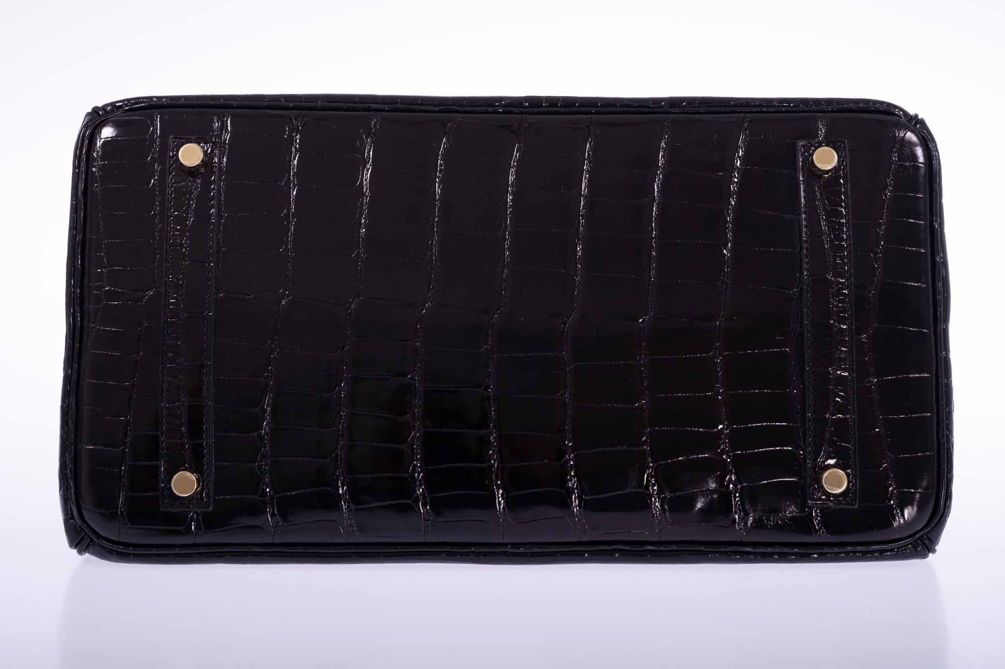 Hermès Birkin 35 Black Shiny Porosus Crocodile 18K Yellow Gold and Diamond Hardware