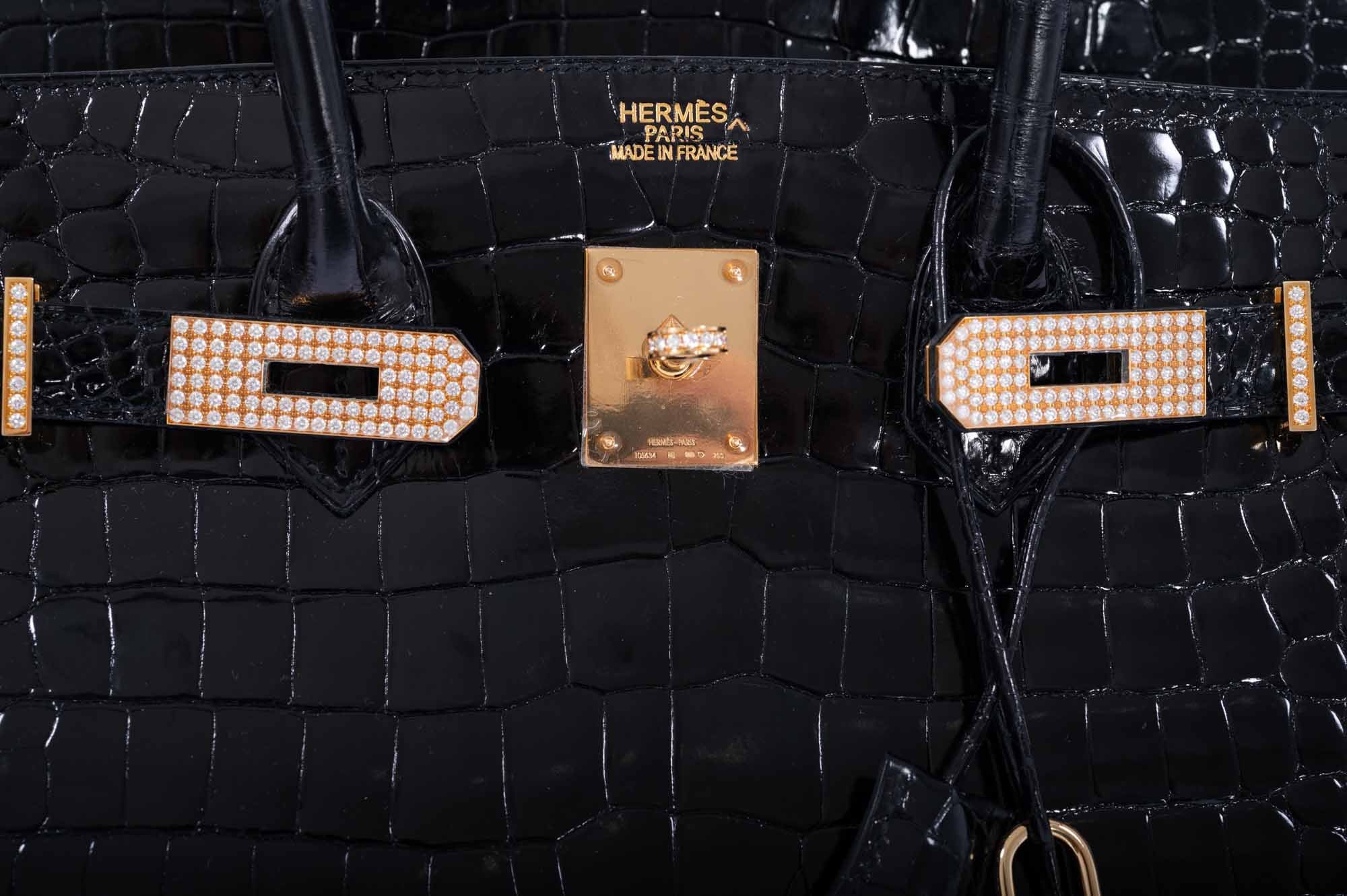 Hermès Birkin 35 Black Shiny Porosus Crocodile 18K Yellow Gold and Diamond Hardware