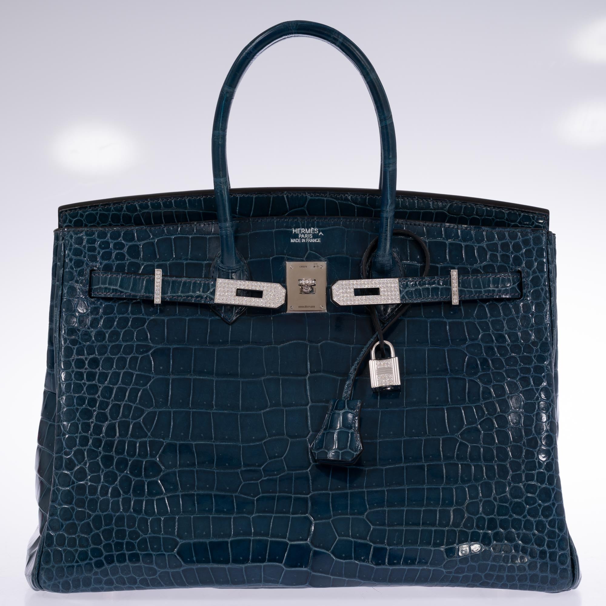 Hermès Birkin 35 Bleu Roi Shiny Porosus Crocodile 18K White Gold Diamond Hardware
