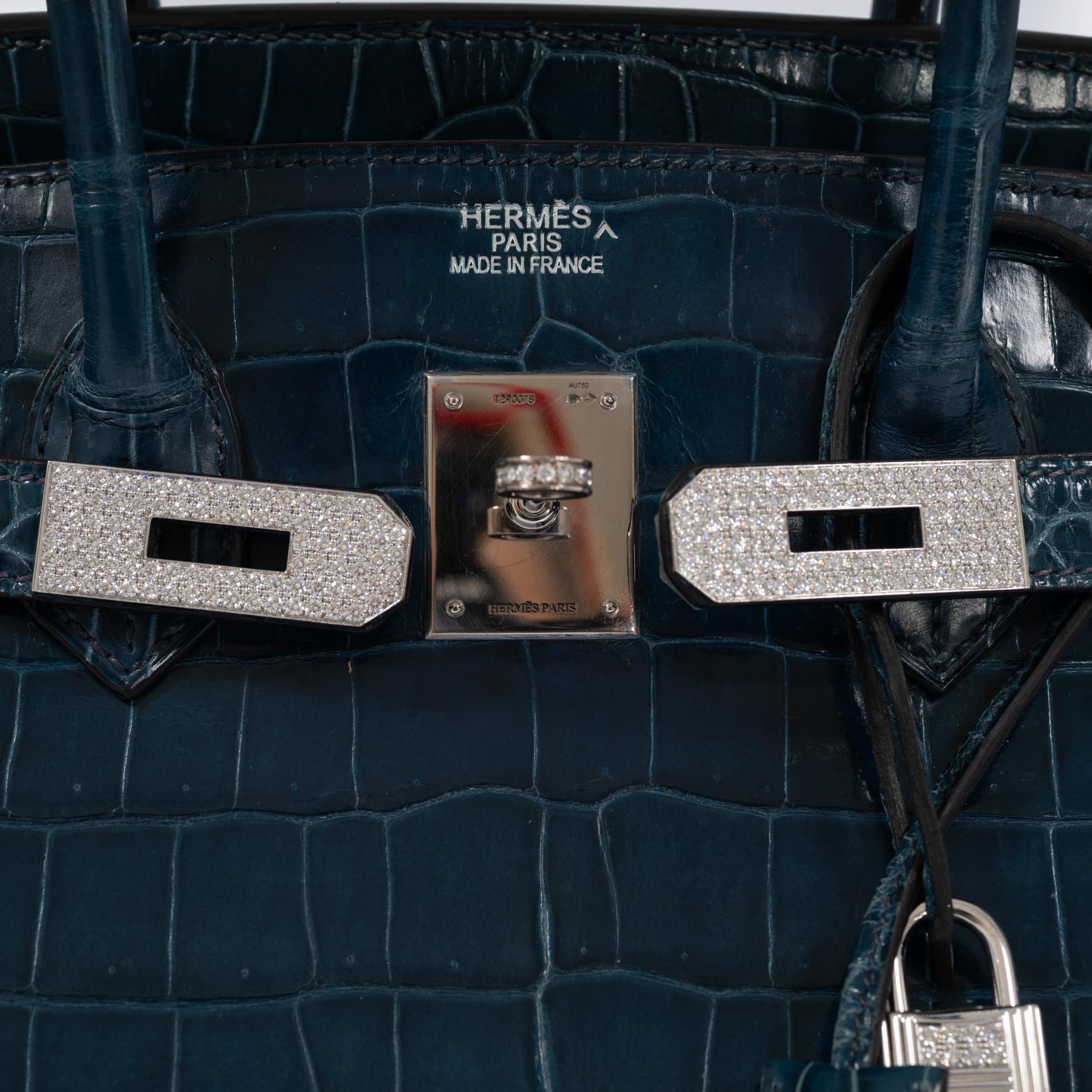 Hermès Birkin 35 Bleu Roi Shiny Porosus Crocodile 18K White Gold Diamond Hardware