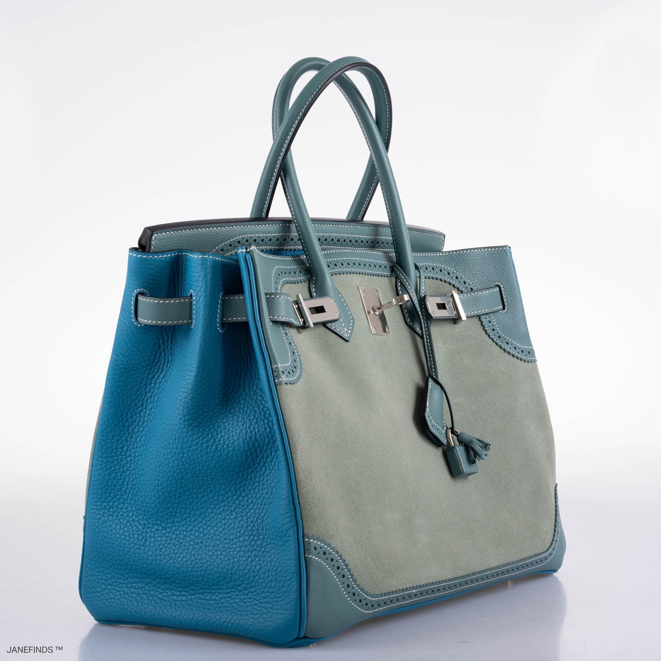 Hermès Birkin 35 Grizzly Ghillies Ciel/Turquoise Veau Doblis/Clémence/Evercolor Palladium Hardware