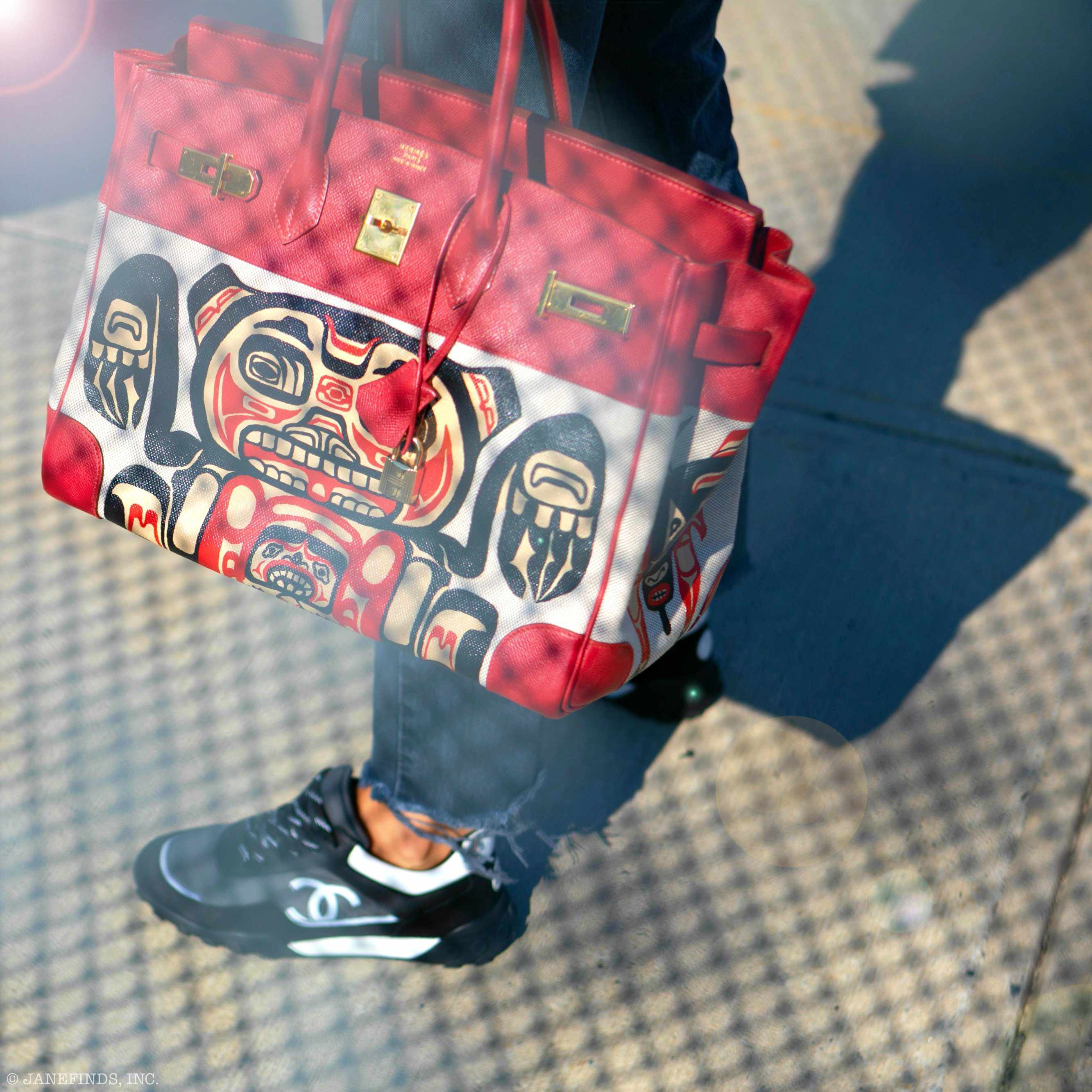 Hermès Birkin 35 JaneFinds Custom Shop "Totem" Rouge Vif Courchevel & Toile Gold Hardware