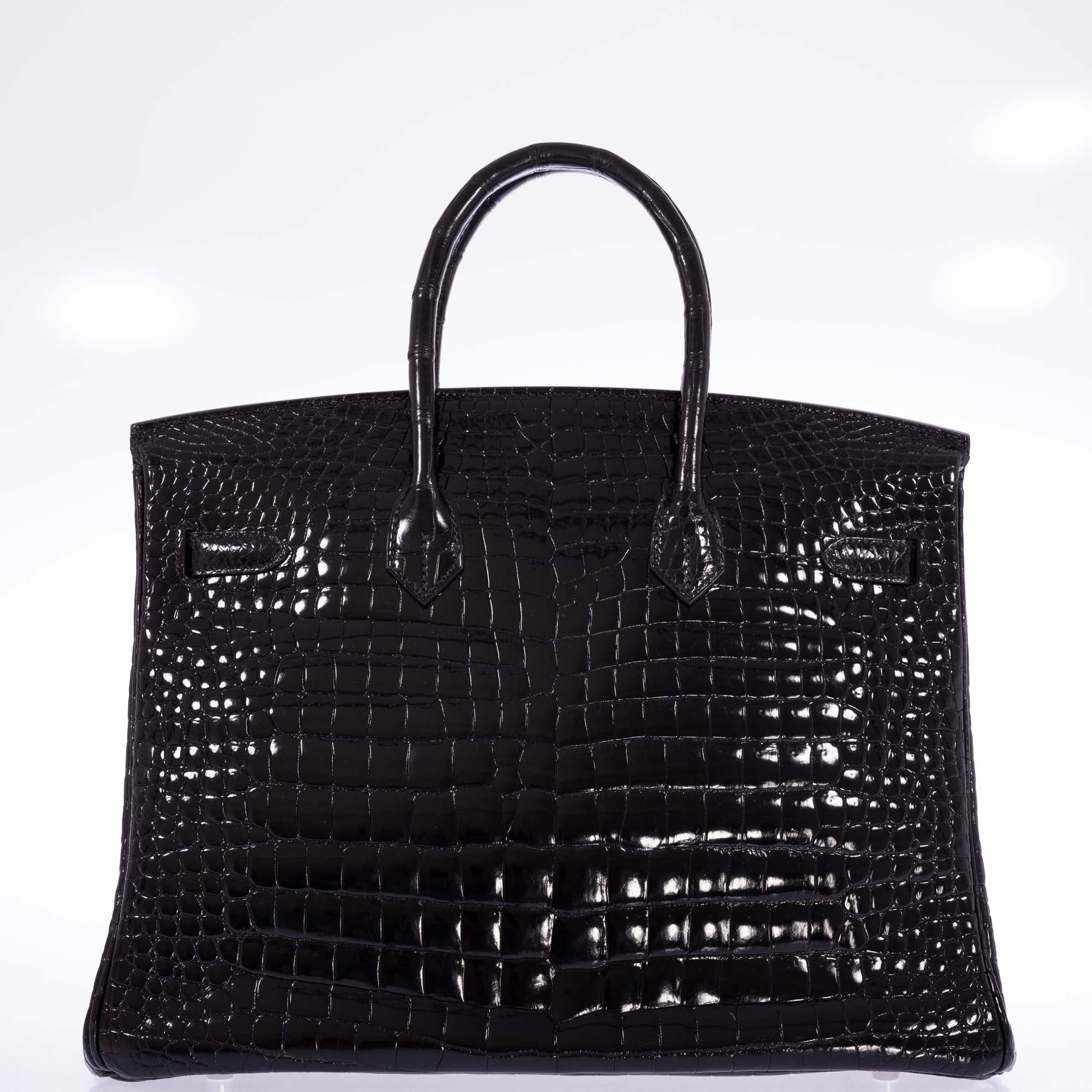 Hermès Birkin 35 Noir Shiny Porosus Crocodile 18K White Gold & Diamond Hardware