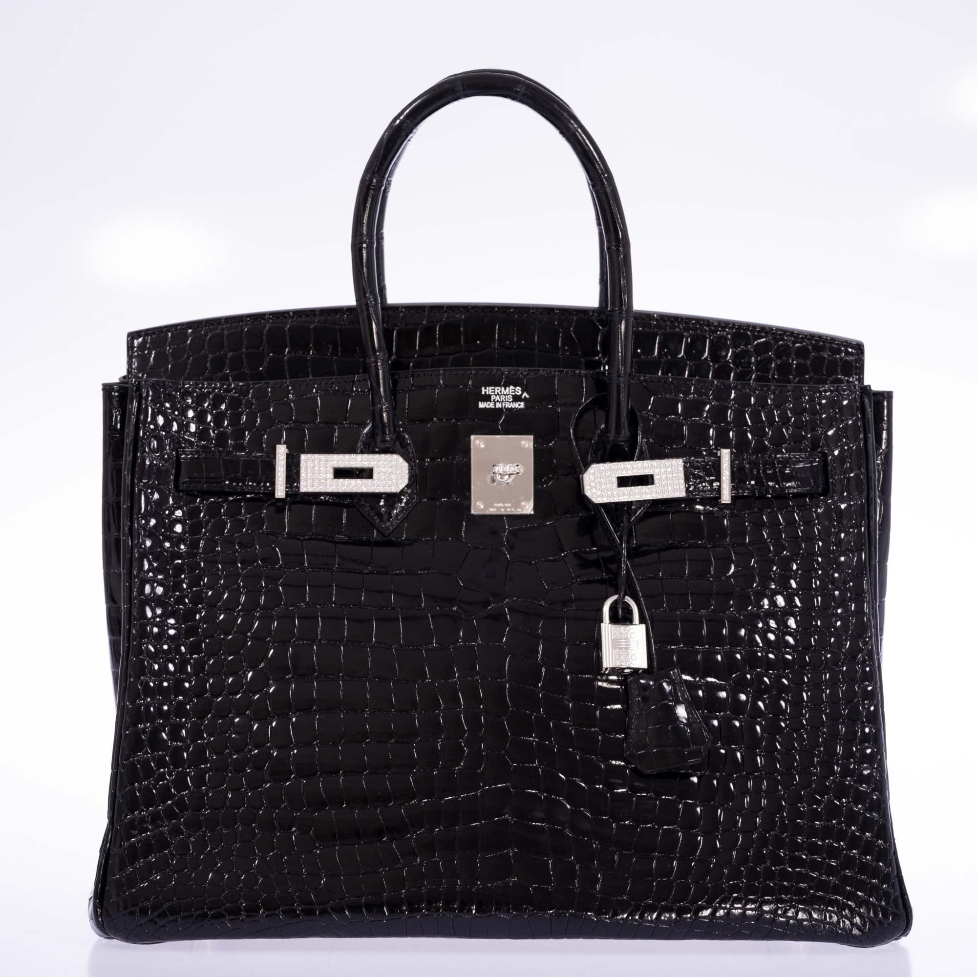 Hermès Birkin 35 Noir Shiny Porosus Crocodile 18K White Gold & Diamond Hardware