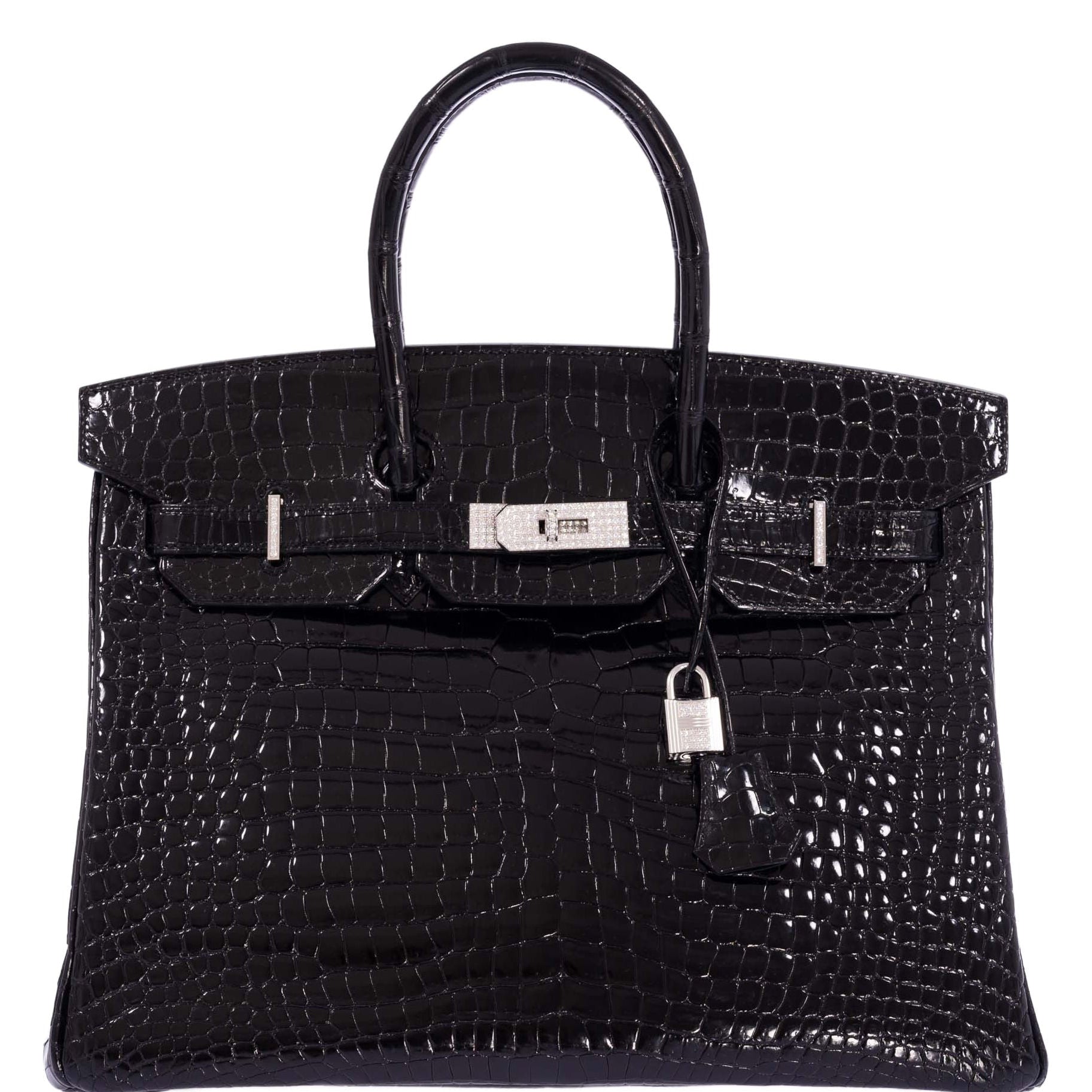 Hermès Birkin 35 Noir Shiny Porosus Crocodile 18K White Gold Diamond Hardware