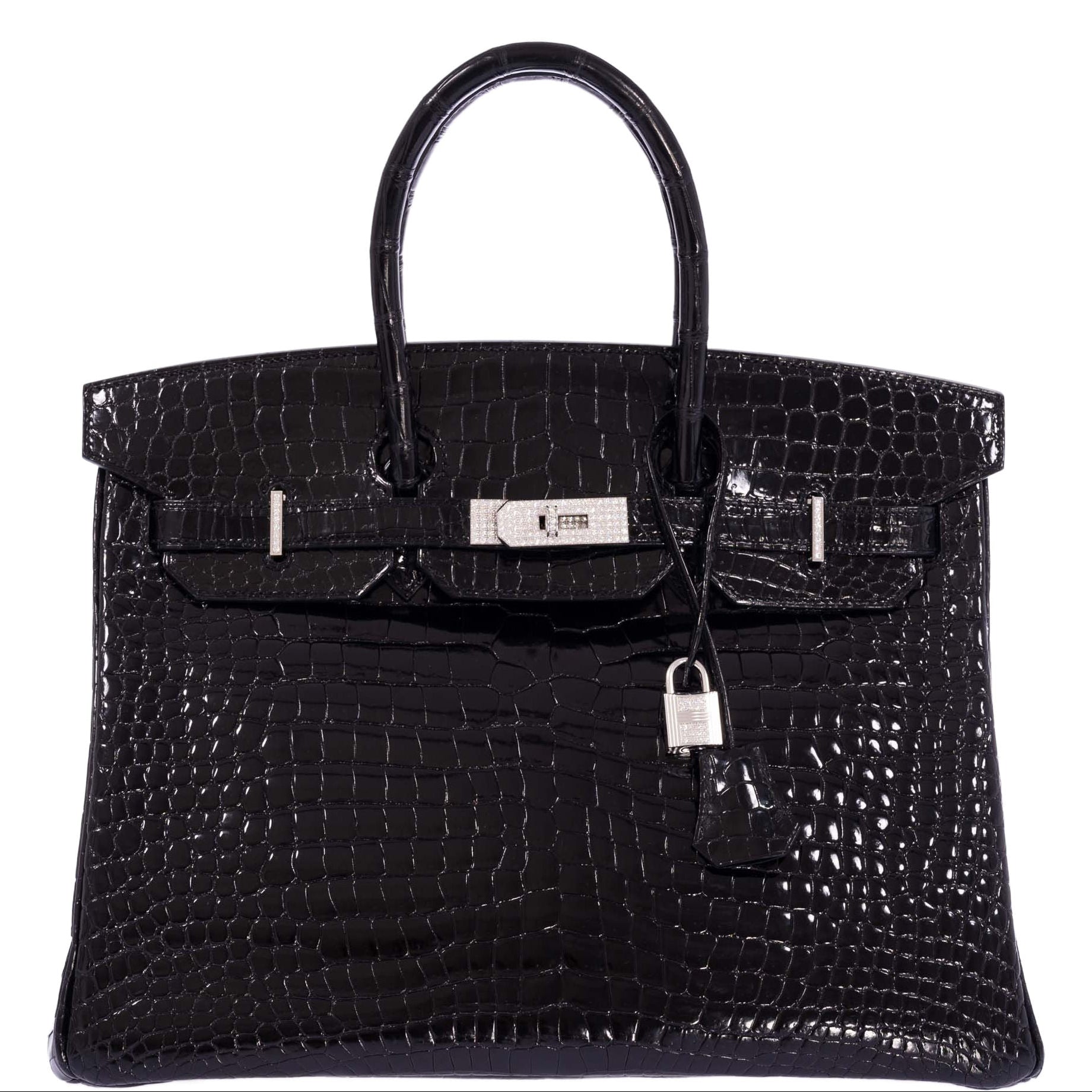 Hermès Birkin 35 Noir Shiny Porosus Crocodile 18K White Gold Diamond Hardware