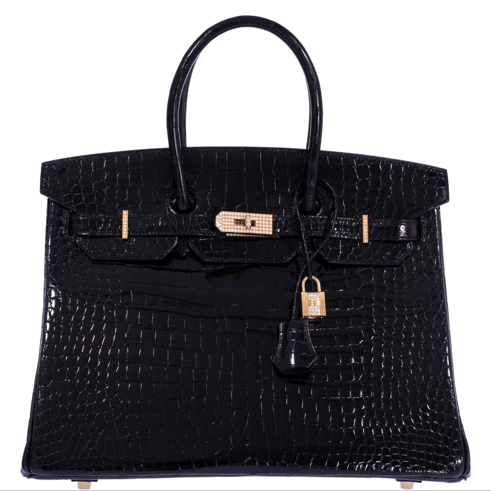 Hermès Birkin 35 Noir Shiny Porosus Crocodile 18K Yellow Gold and Diamond Hardware