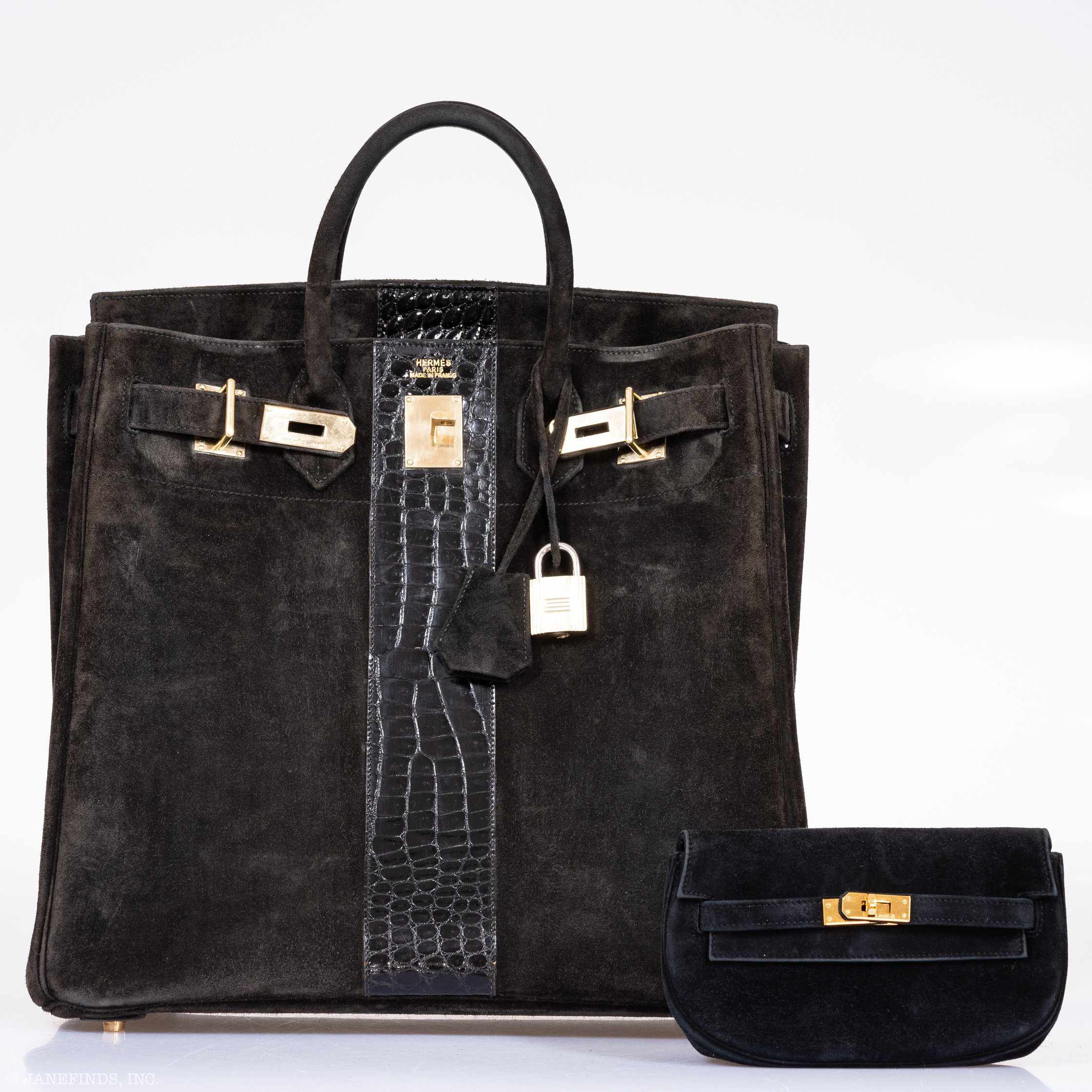 Hermès Birkin 40 HAC Black Doblis Suede and Crocodile Gold Hardware