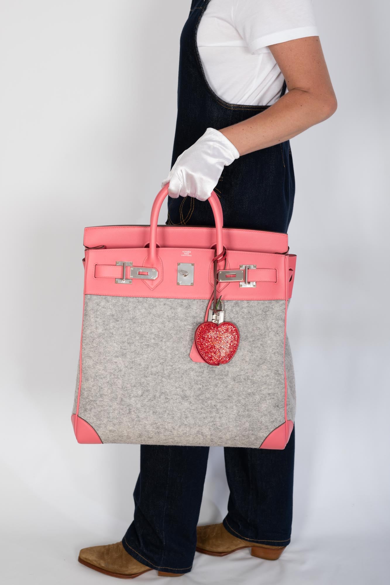Hermès Birkin 40 HAC Rose Azalée Evercolor leather and Gris Clair Wool Toudou Palladium Hardware