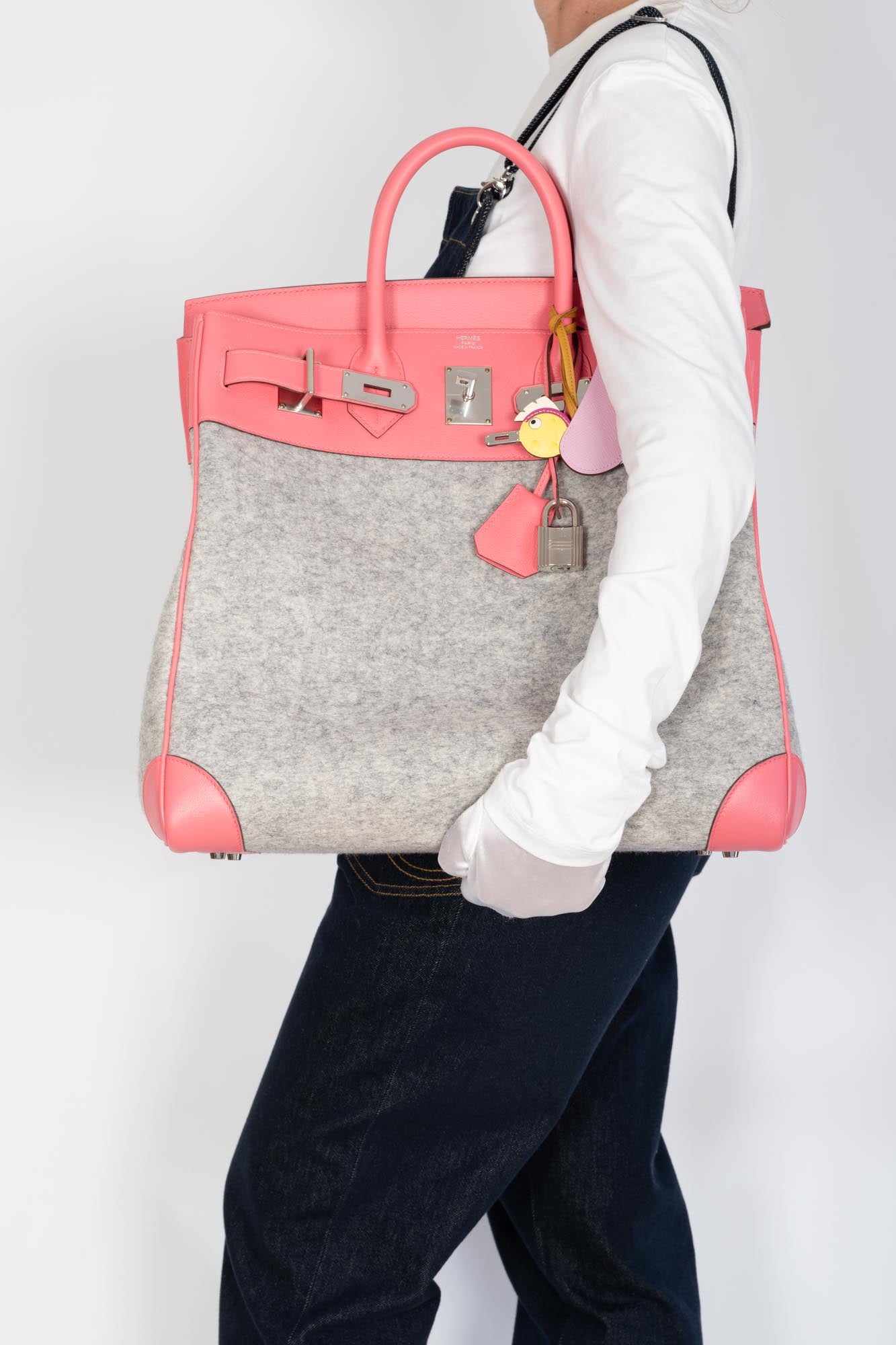 Hermès Birkin 40 HAC Rose Azalée Evercolor leather and Gris Clair Wool Toudou Palladium Hardware