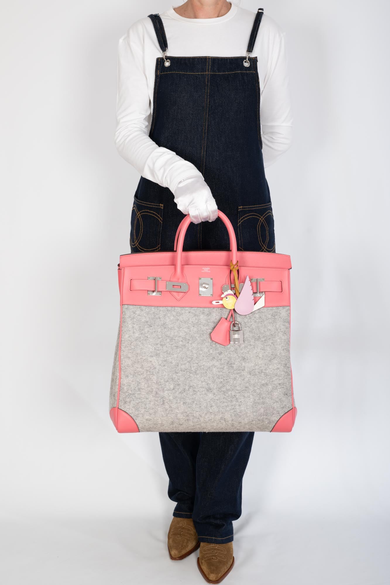 Hermès Birkin 40 HAC Rose Azalée Evercolor leather and Gris Clair Wool Toudou Palladium Hardware