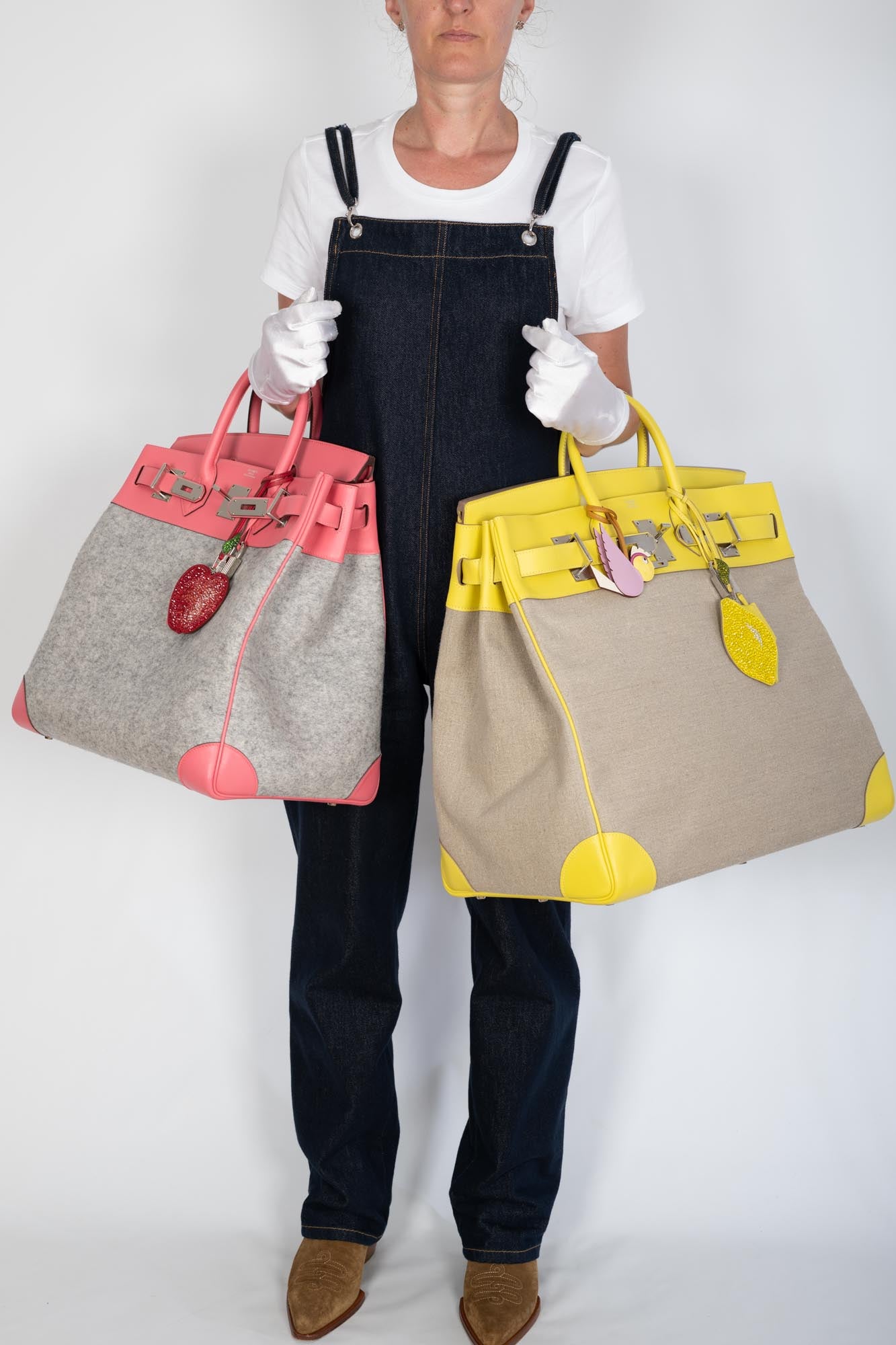 Hermès Birkin 40 HAC Rose Azalée Evercolor leather and Gris Clair Wool Toudou Palladium Hardware