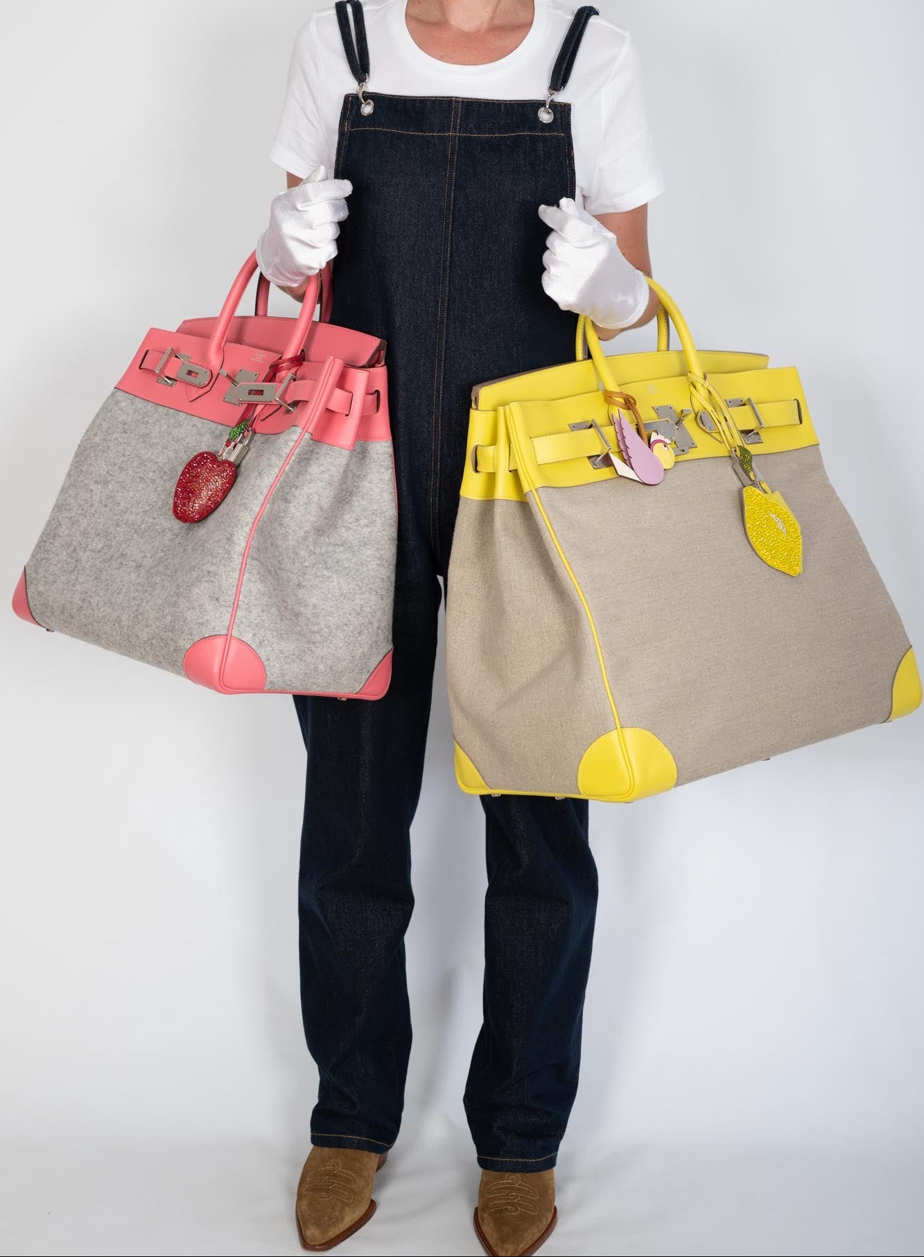 Hermès Birkin 40 HAC Rose Azalée Evercolor leather and Gris Clair Wool Toudou Palladium Hardware