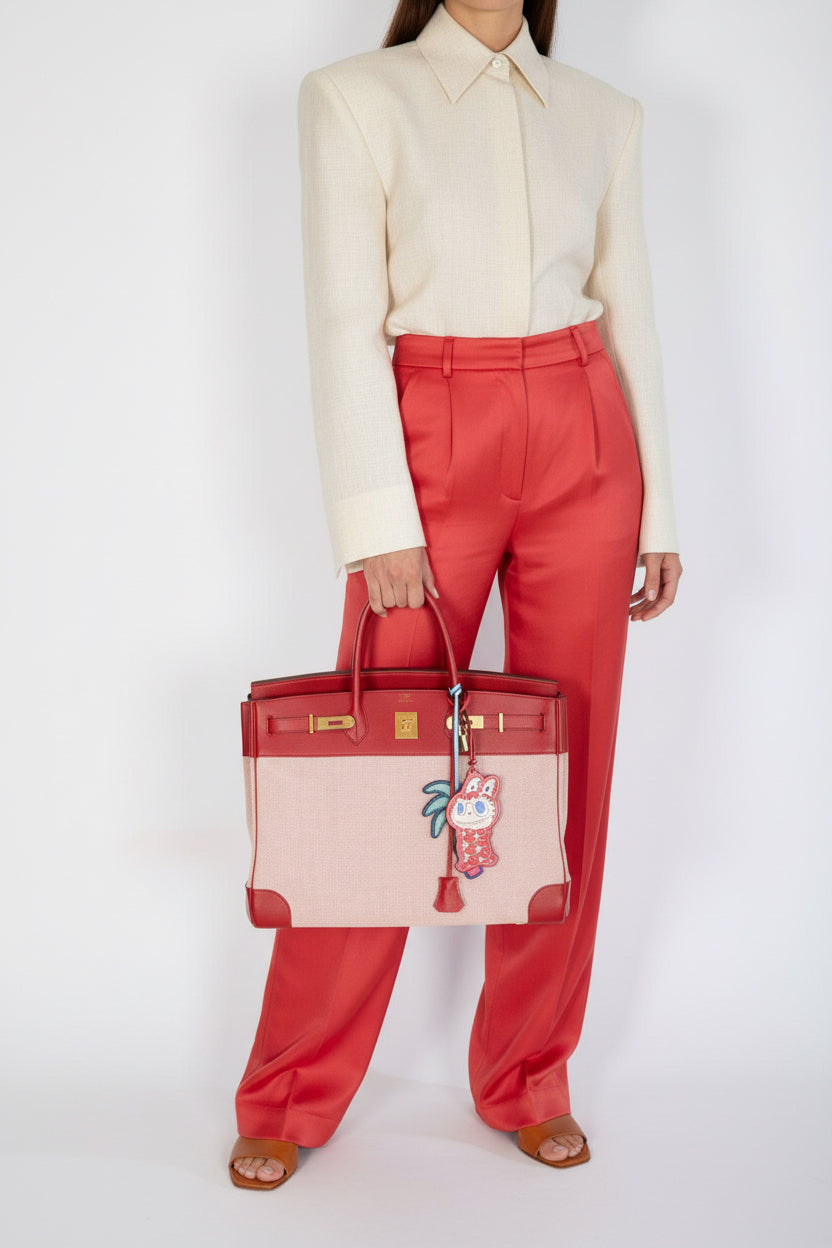 Hermès Birkin 40 Rouge Vif Toile and Courchevel with Gold Hardware