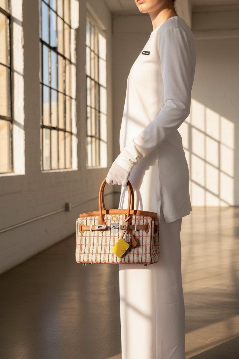 Hermès Birkin Shoulder 29 Light Gold Evercolor Embroidered Toile Palladium Hardware