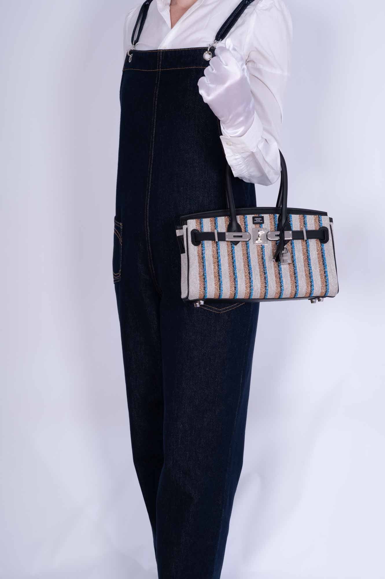 Hermès Birkin Shoulder Light 29 in Black Evercolor and Embroidered Toile Palladium Hardware