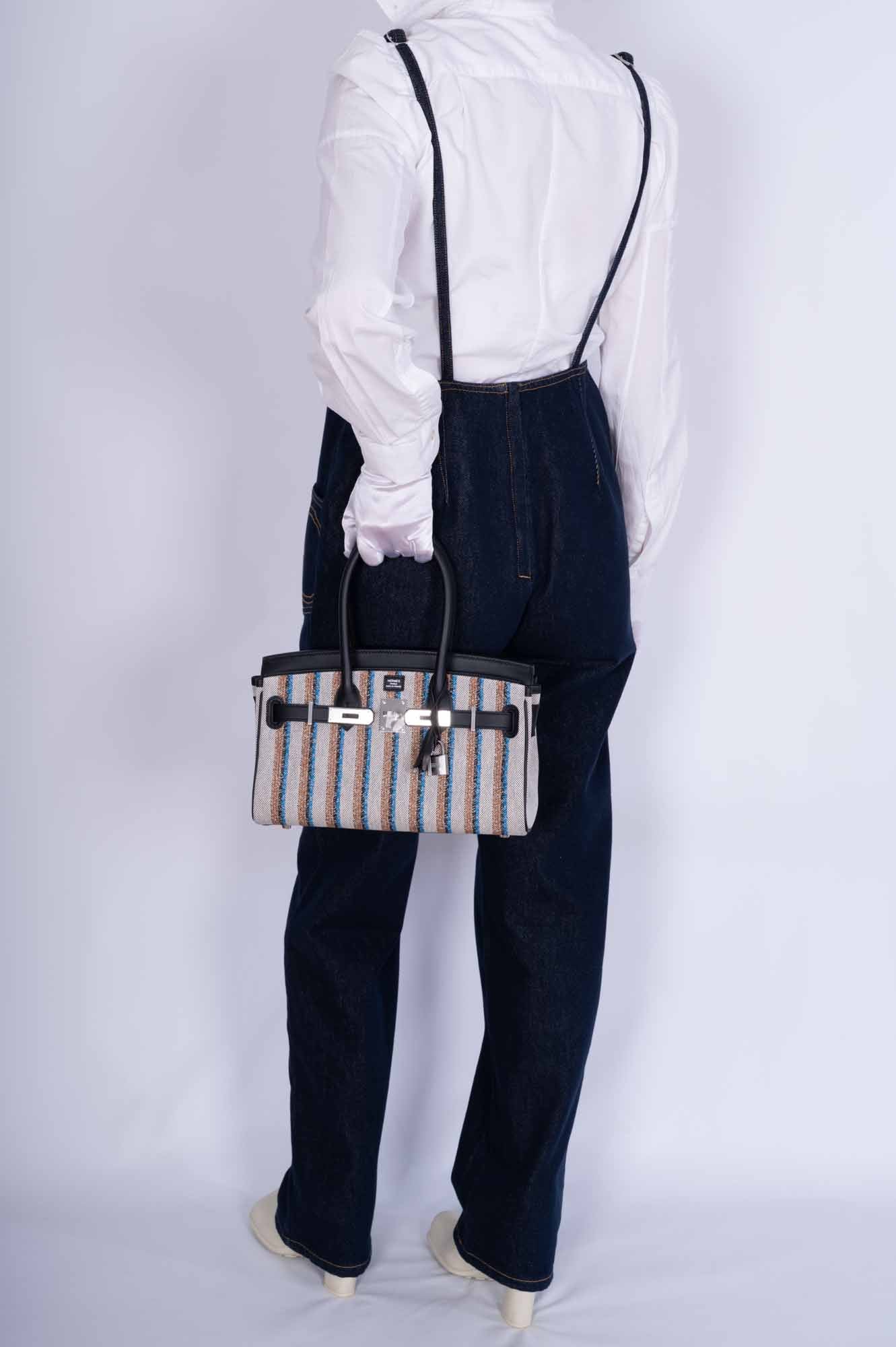 Hermès Birkin Shoulder Light 29 in Black Evercolor and Embroidered Toile Palladium Hardware