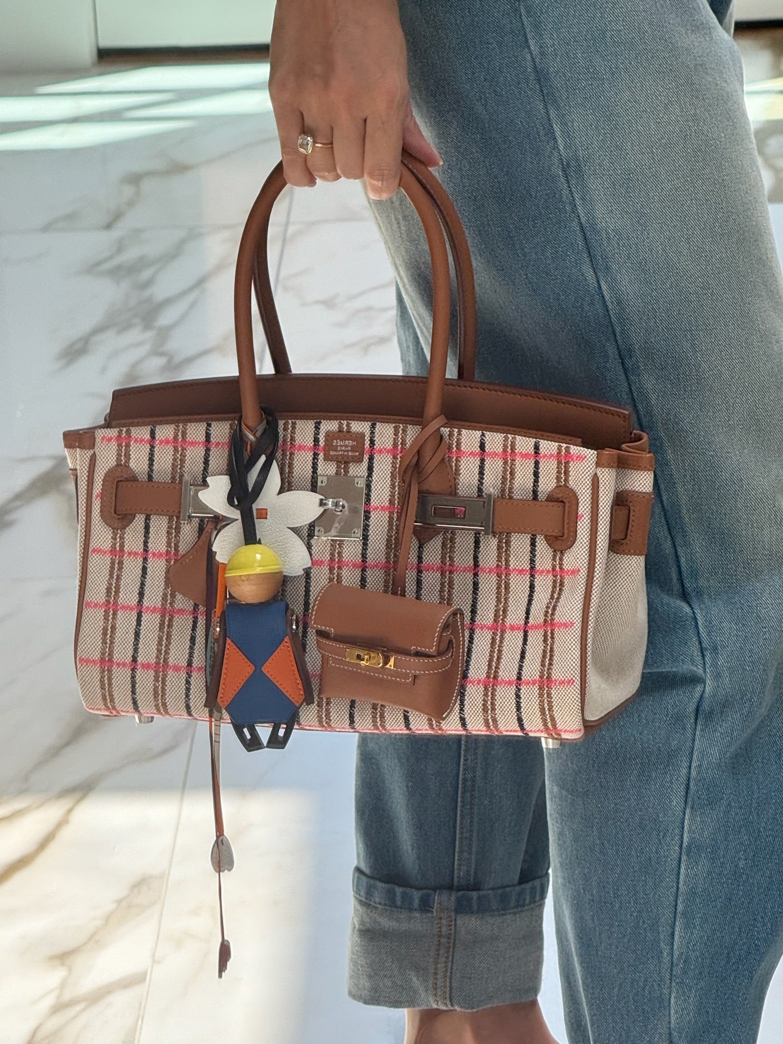 Hermès Birkin Shoulder Light 29 in Gold Evercolor and Embroidered Rose Pop, Black, Gold Toile Palladium Hardware
