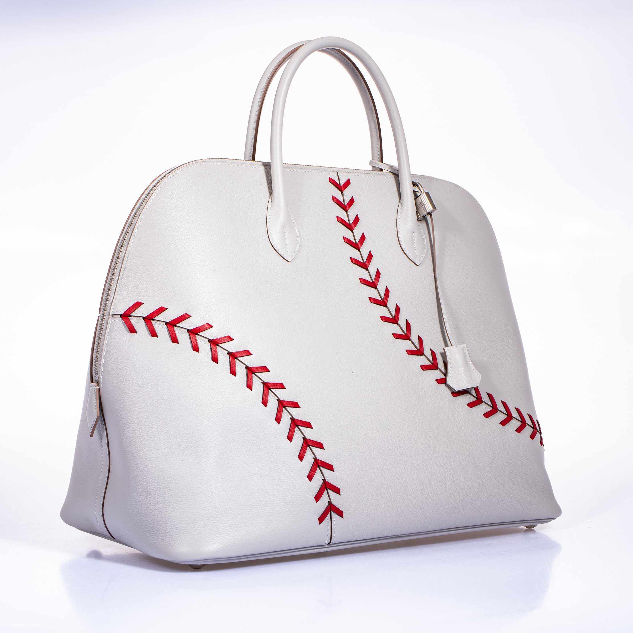 Hermès Bolide 45 1923 Baseball Gris Perle Rouge Evercolor Travel Bag
