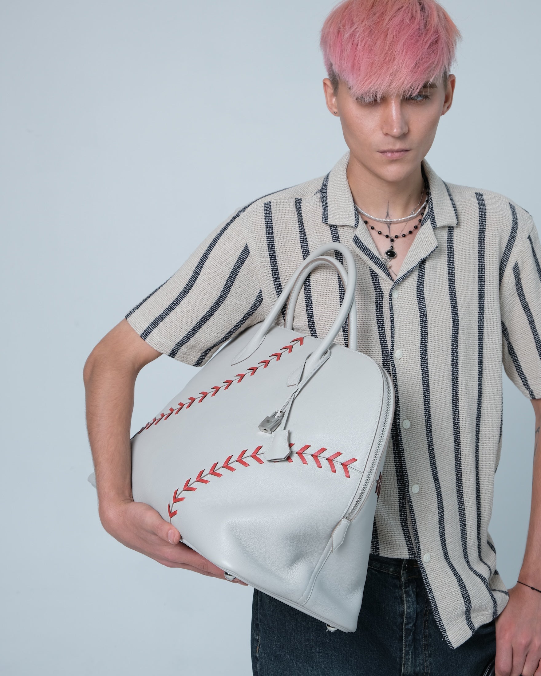Hermès Bolide 45 1923 Baseball Gris Perle Rouge Evercolor Travel Bag
