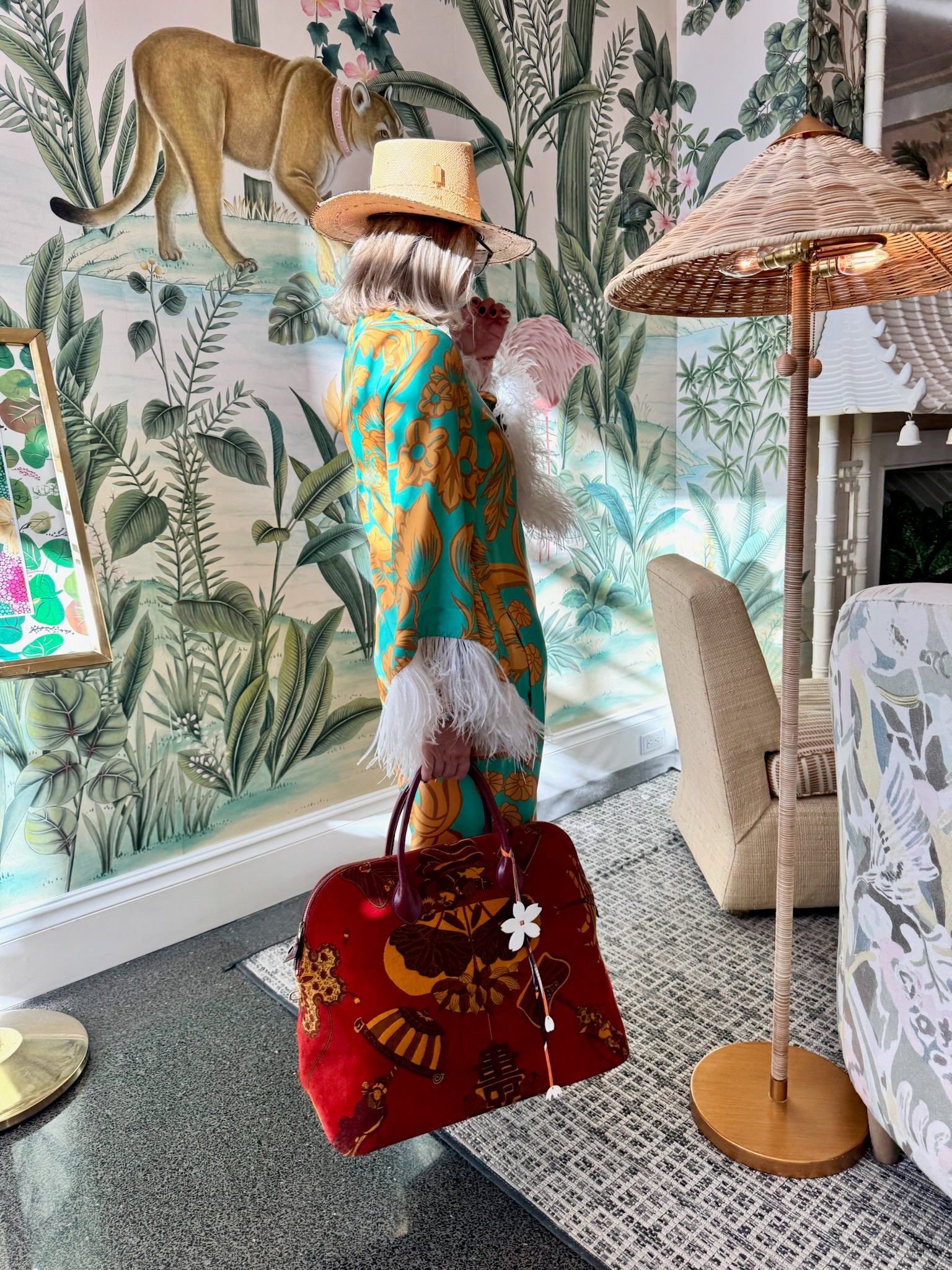 Hermès Bolide 45 Soies Volantes Rouge H Box Calfskin and Printed Velvet