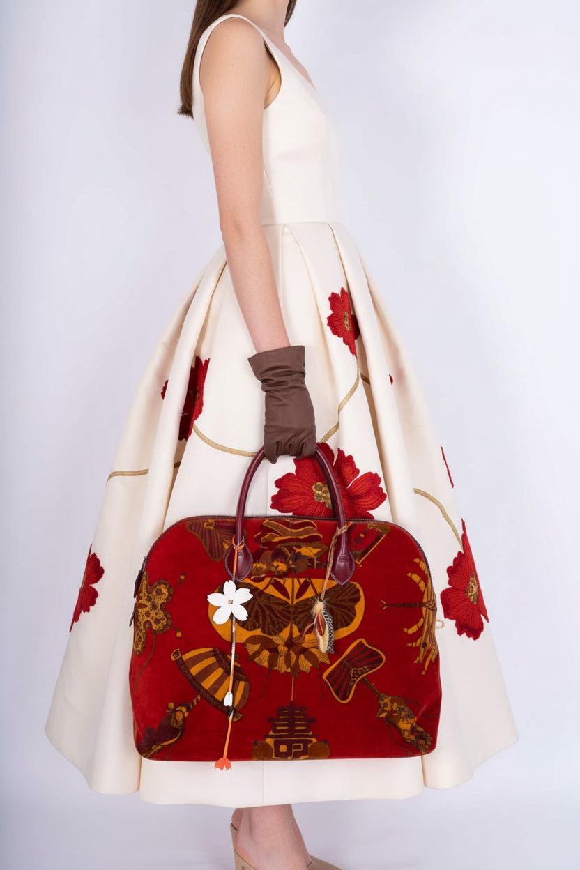 Hermès Bolide 45 Soies Volantes Rouge H Box Calfskin and Printed Velvet