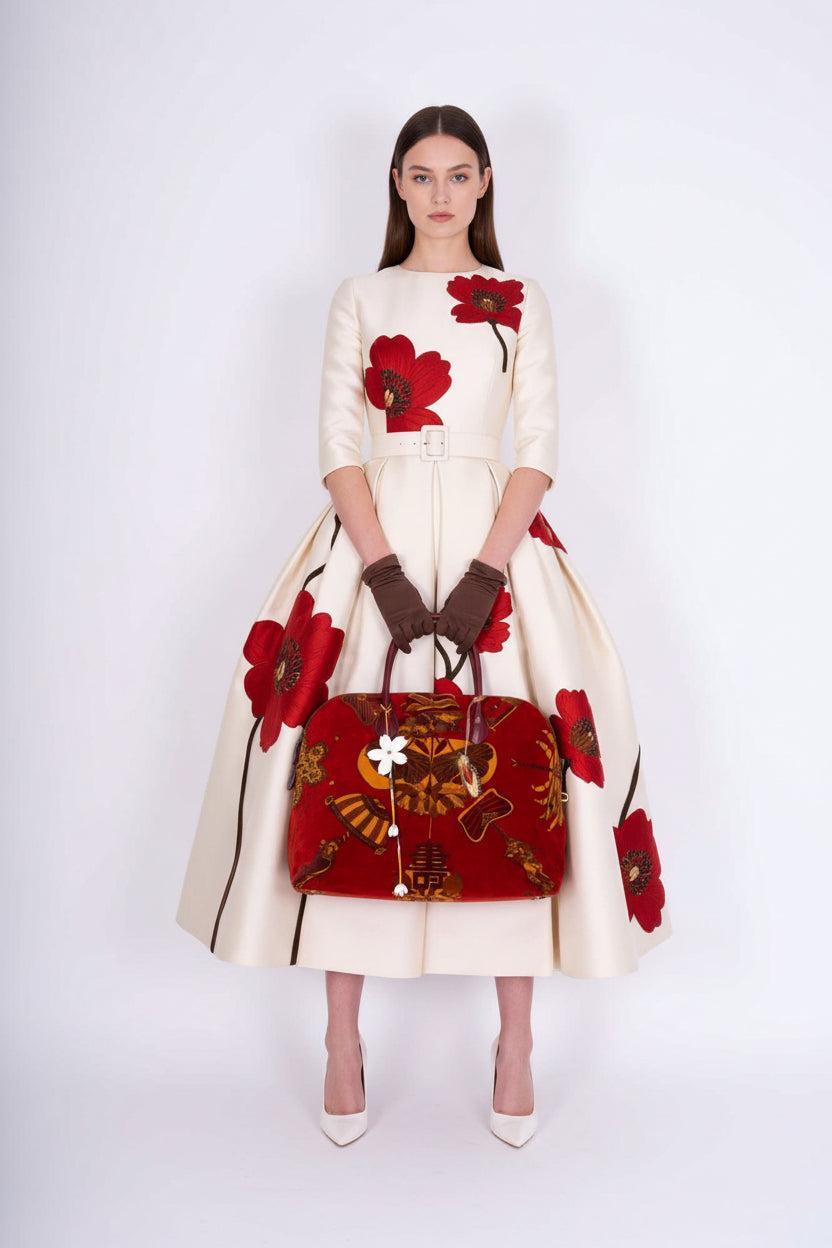 Hermès Bolide 45 Soies Volantes Rouge H Box Calfskin and Printed Velvet