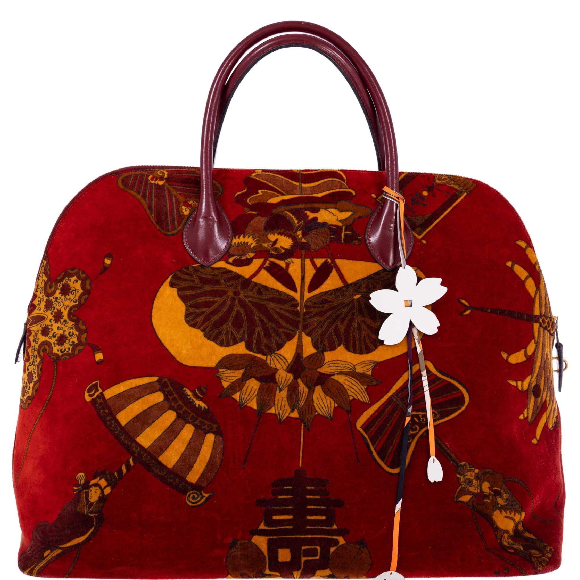 Hermès Bolide 45 Soies Volantes Rouge H Box Calfskin and Printed Velvet