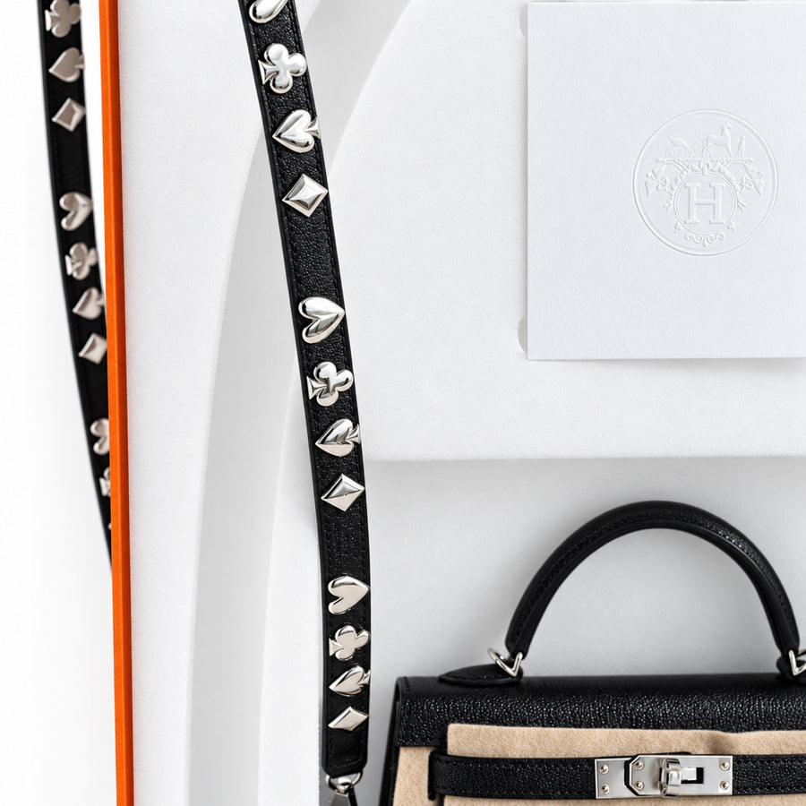 Hermès Clou de Coeur Kelly 20 Mini II Sellier Noir Chèvre Chamkila Palladium Hardware, card-suit studs on the shoulder strap