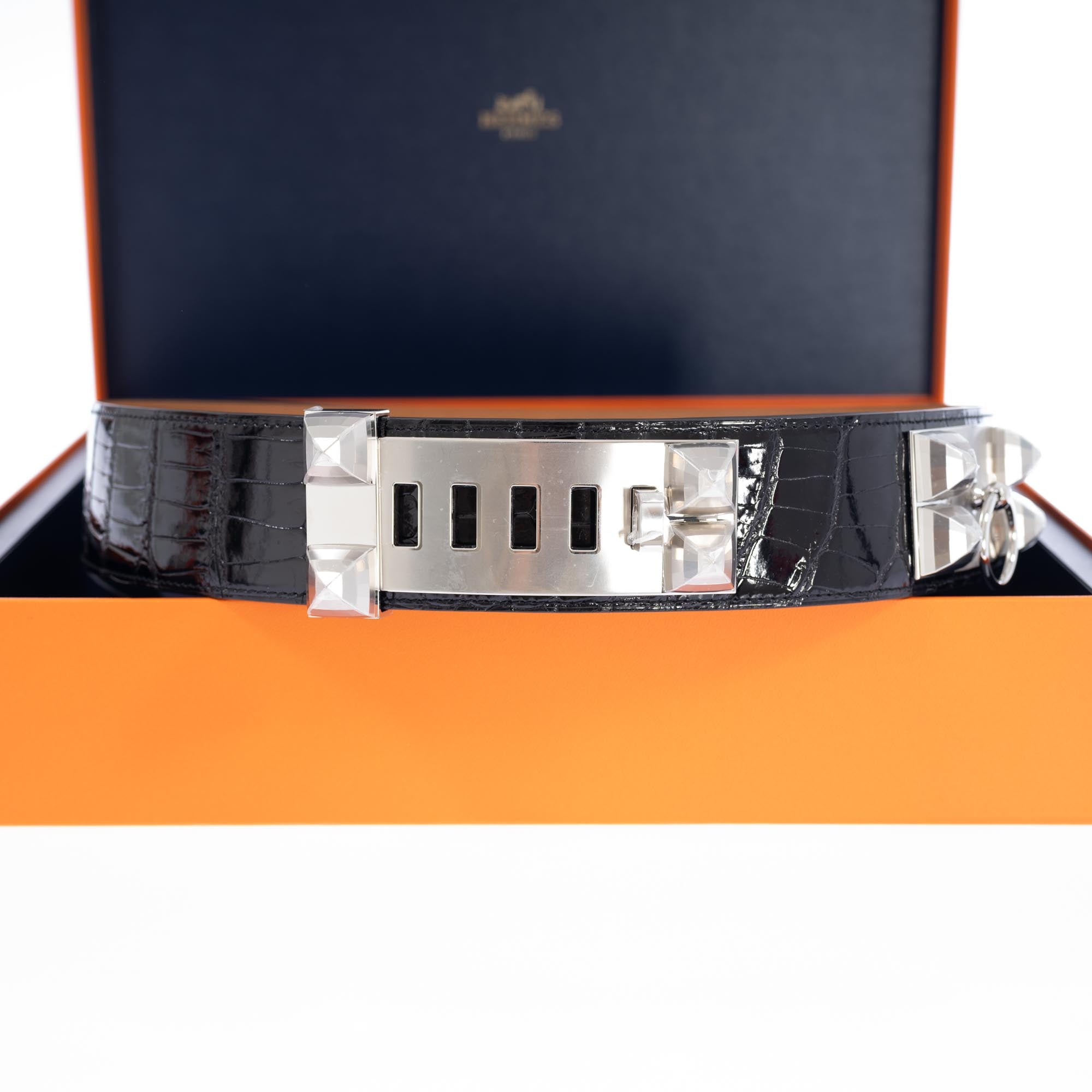 Hermès Collier de Chien Belt Faubourg en Fête Porosus Crocodile Size 80 Palladium Hardware